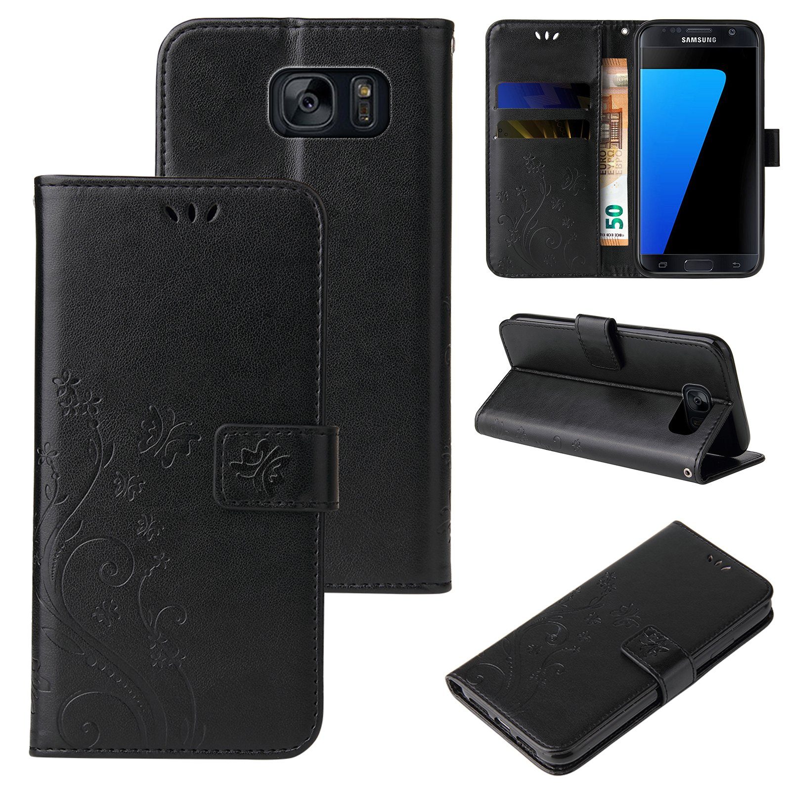 Tec-Expert Handyhülle Cover Tasche Hülle für Samsung Galaxy S7 edge 5,5 Zoll, Klapphülle Case mit Kartenfach Fliphülle aufstellbar, Motiv Blumen