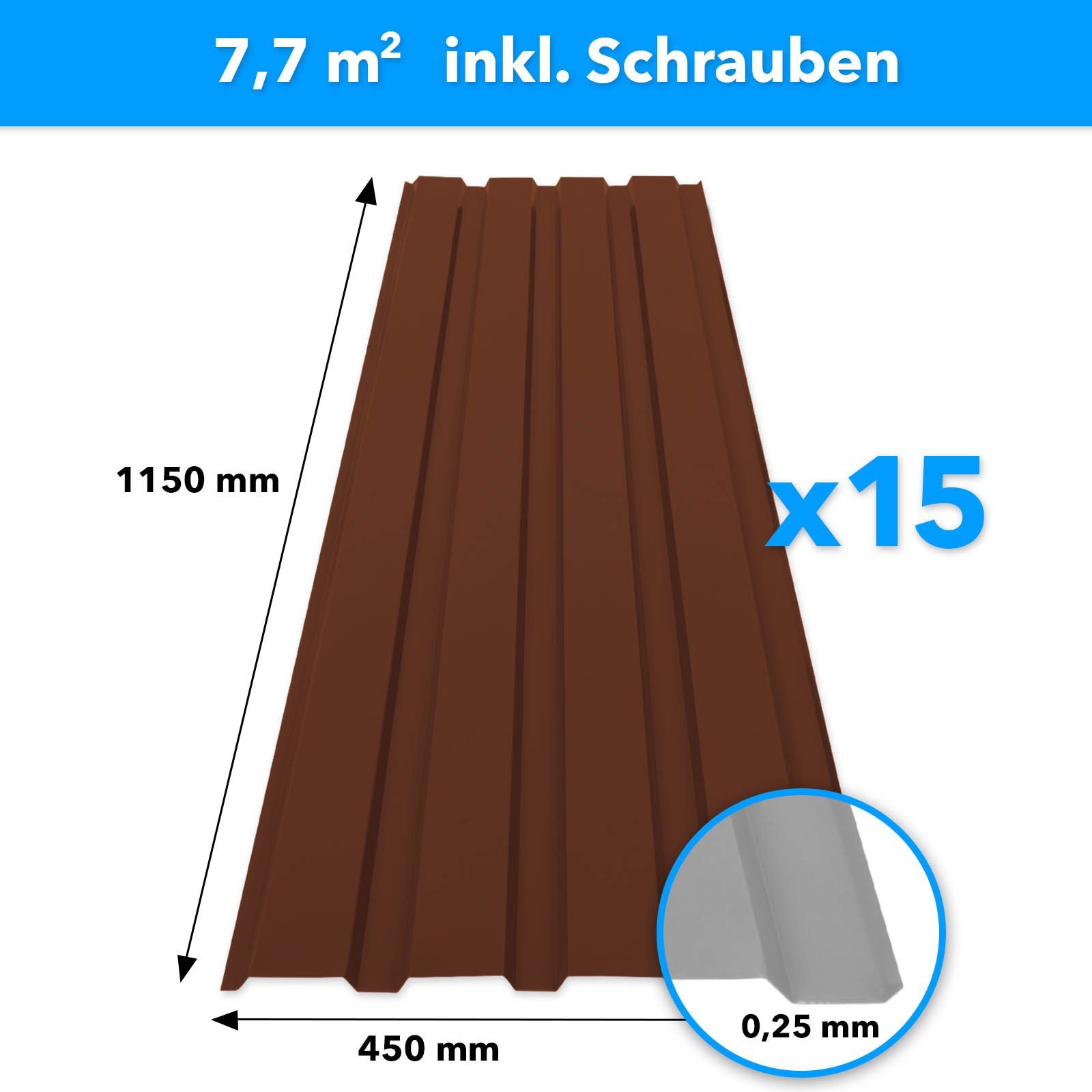 Karat Trapezblech Dachblech 7,7m² inkl Schrauben, Wandblech verzinkt, Profilblech, Blech verzinkt, 1150x450x0,25 mm (Spar-Set 15-St. 115x45 cm) wetterfest für Carport & Gartenhaus, verschiedene Farben