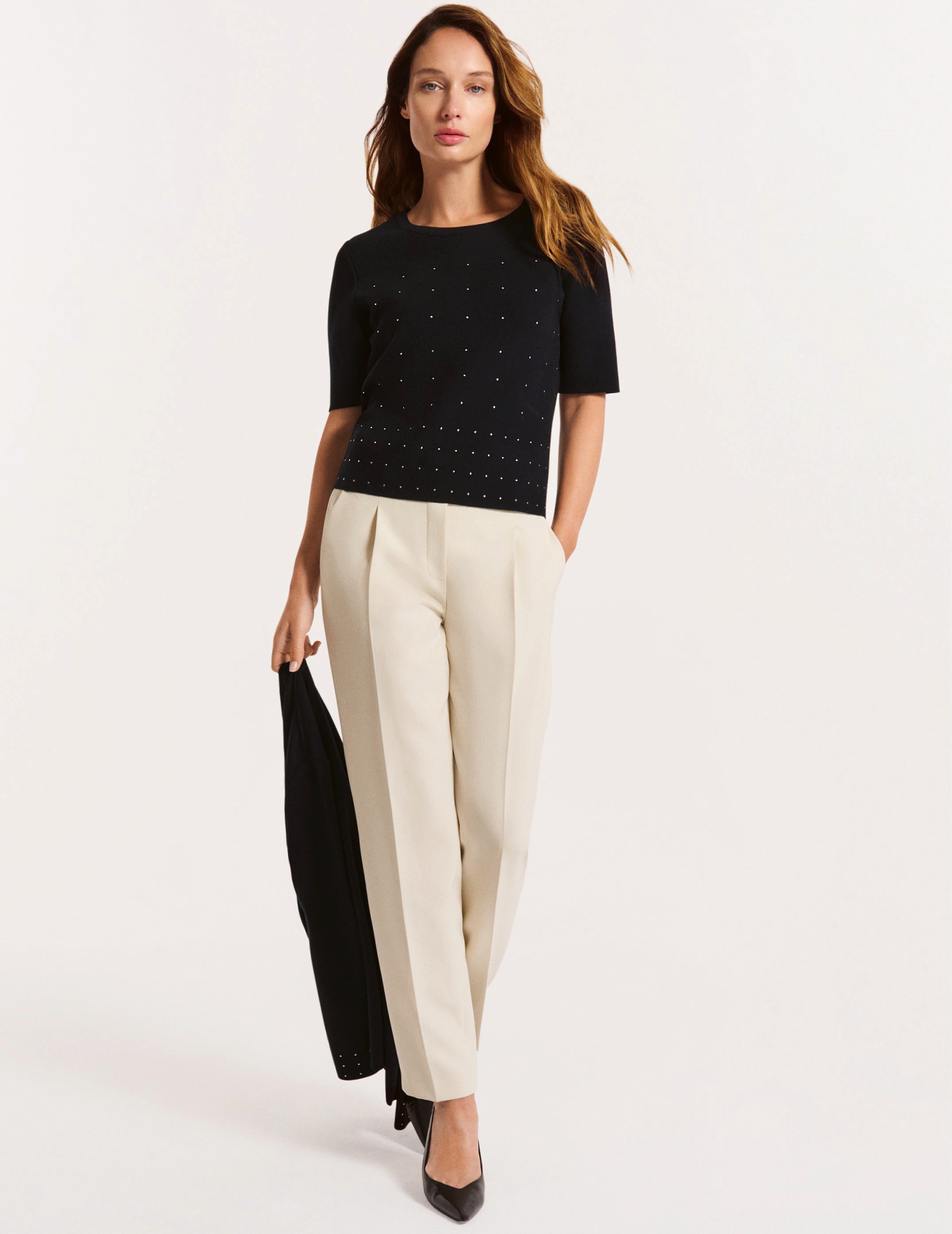 Faber Strickpullover Pullover Rundhals mit Nieten Silberne Deko-Nieten