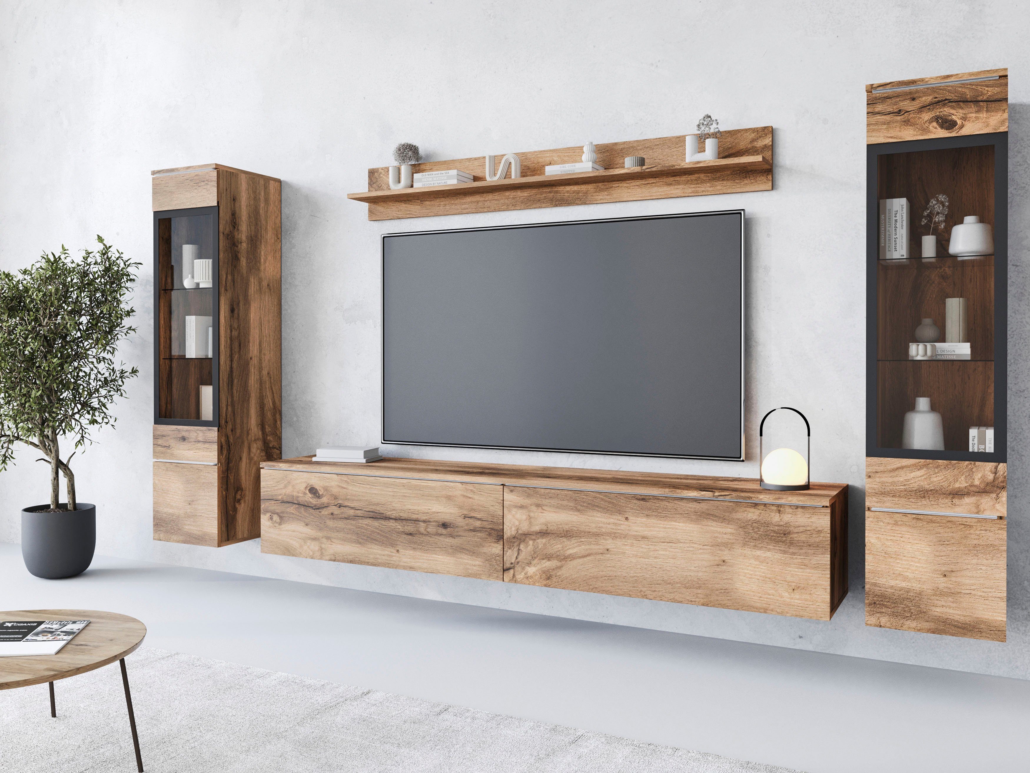 INOSIGN Wohnwand VERA II, Vitrinen Türanschlag wechselbar, (Komplett-Set, 4-St), Mediawand 260 cm, Vitrine mit Verglasung, stehend und hängend