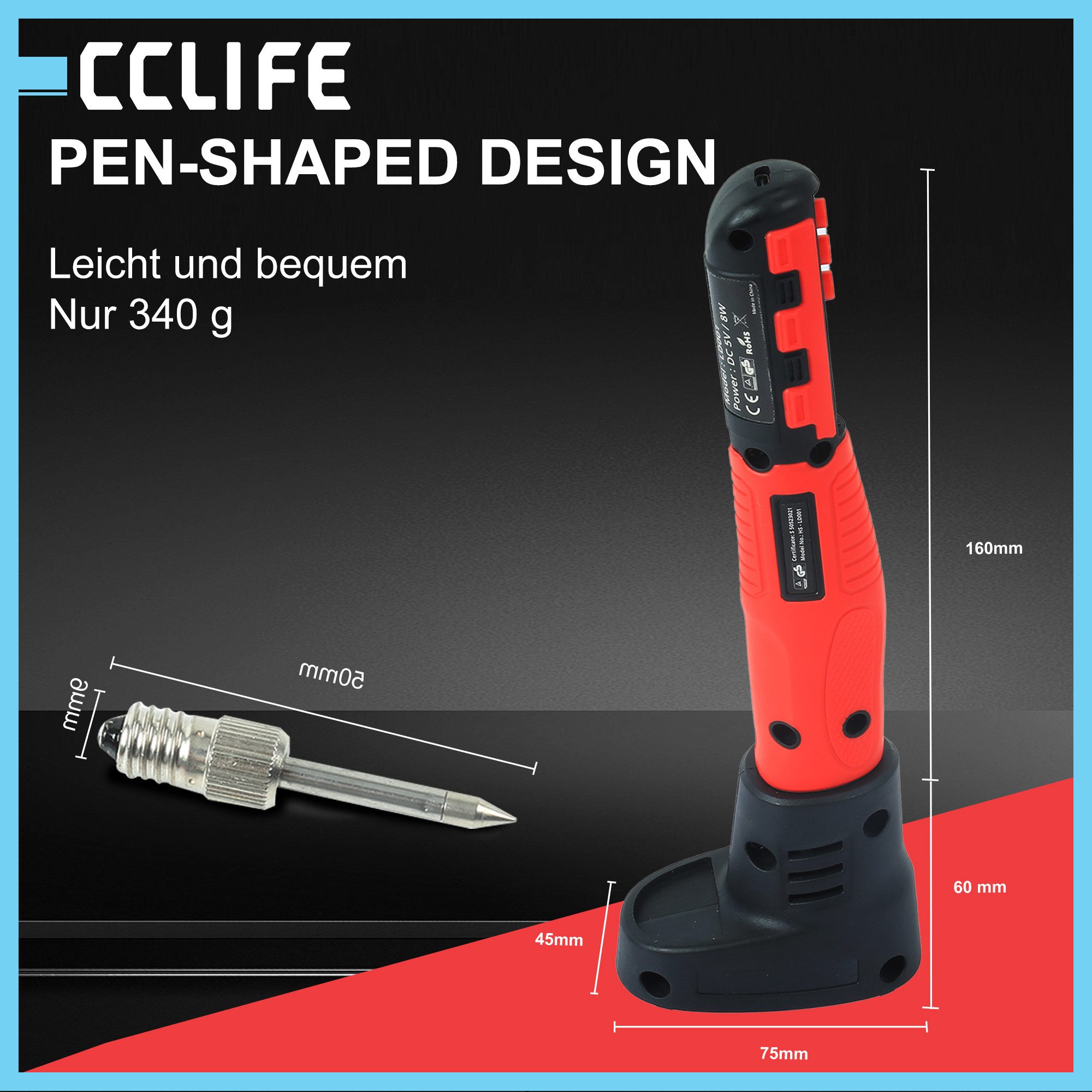 CCLIFE Lötpistole 8W Loetkolben Kabellos 1800mAh Akku LCD Display Regelbar Set, max. 8 W