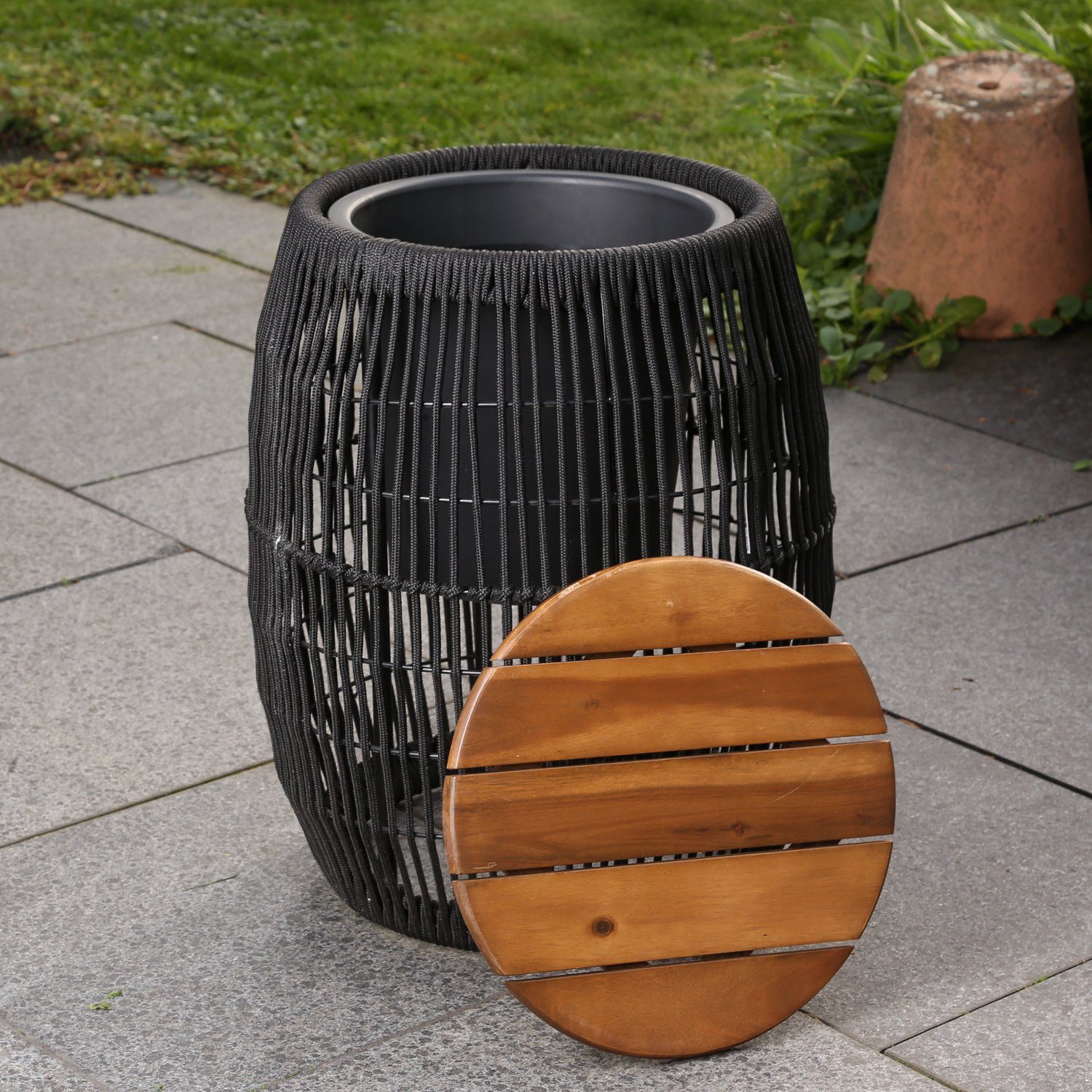 mit MARELIDA fassförmig Gartenmöbel Beistelltisch Gartentisch 49cm (1-St) Behälter schwarz Deckel