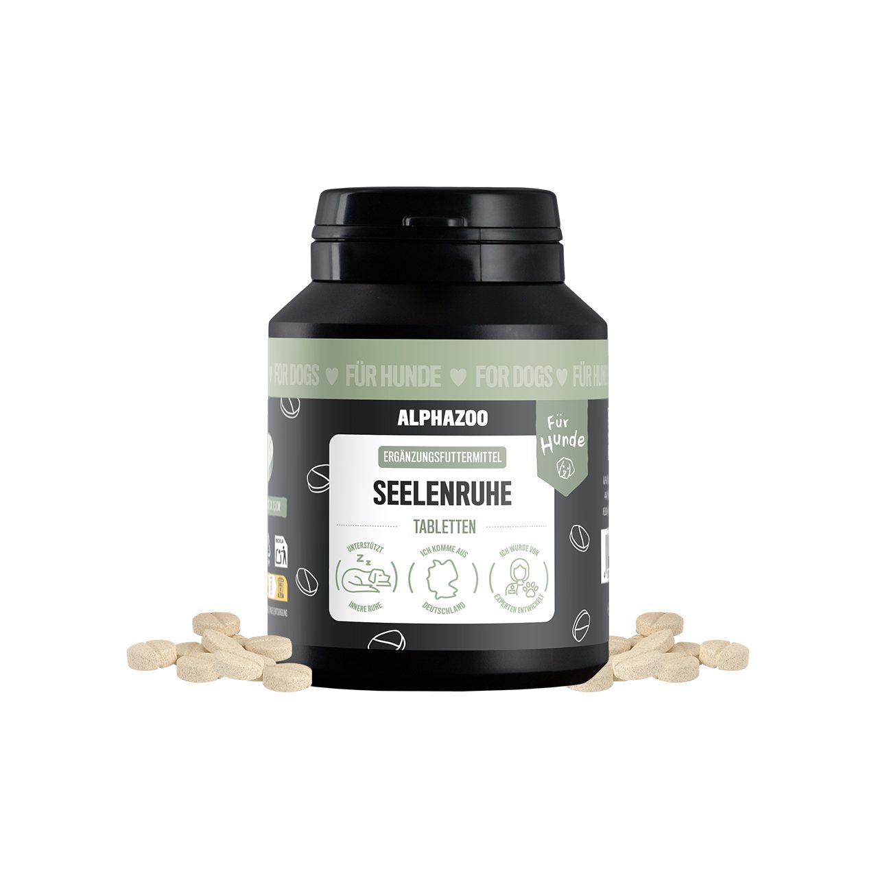 ALPHAZOO Seelenruhe Tabletten 75g Beruhigungstabletten für stressige Situationen, Ergänzungsfutter für: Hunde