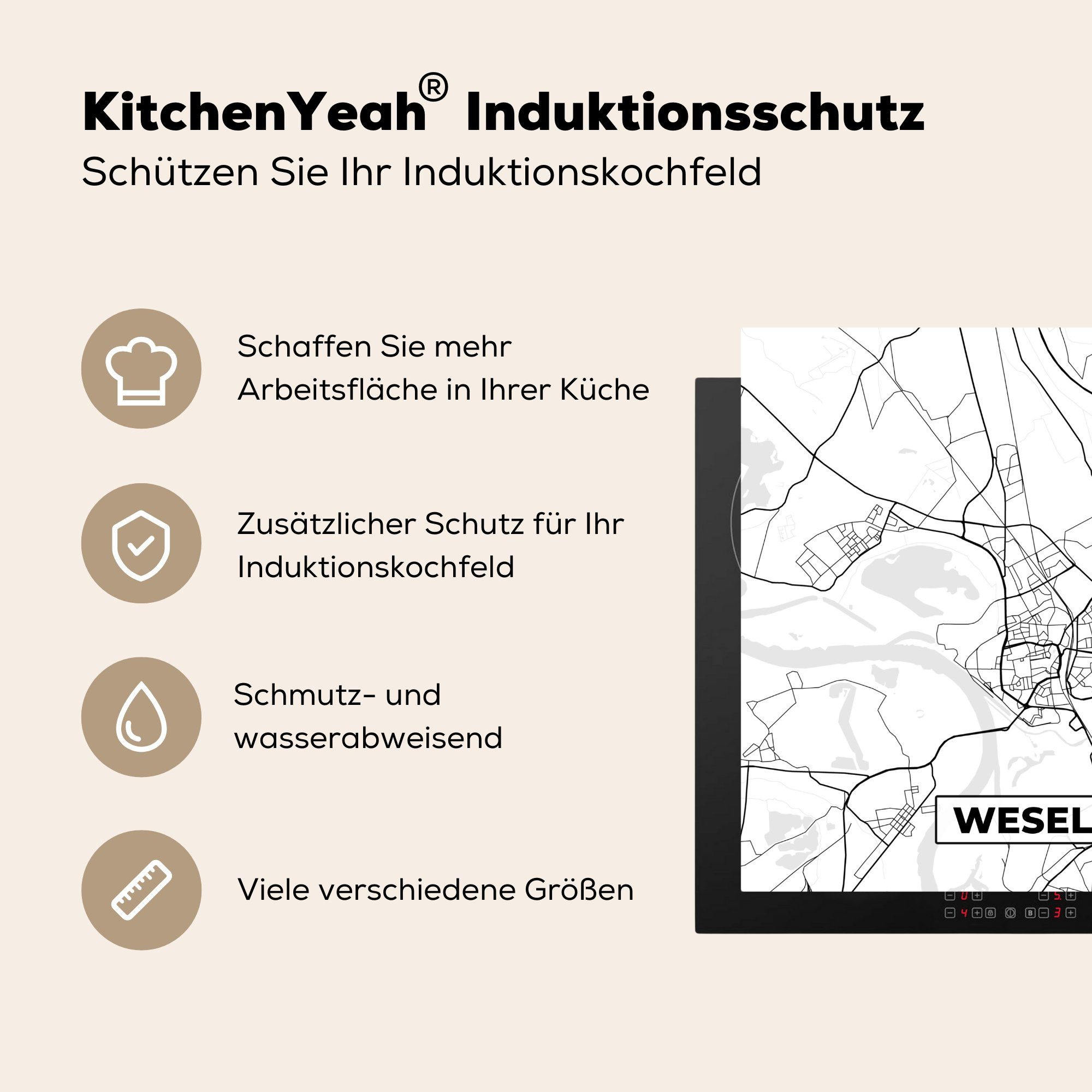 MuchoWow Herdblende-/Abdeckplatte für 78x78 (1 Wesel cm, Arbeitsplatte küche - tlg), Ceranfeldabdeckung, Vinyl, - Stadtplan Karte