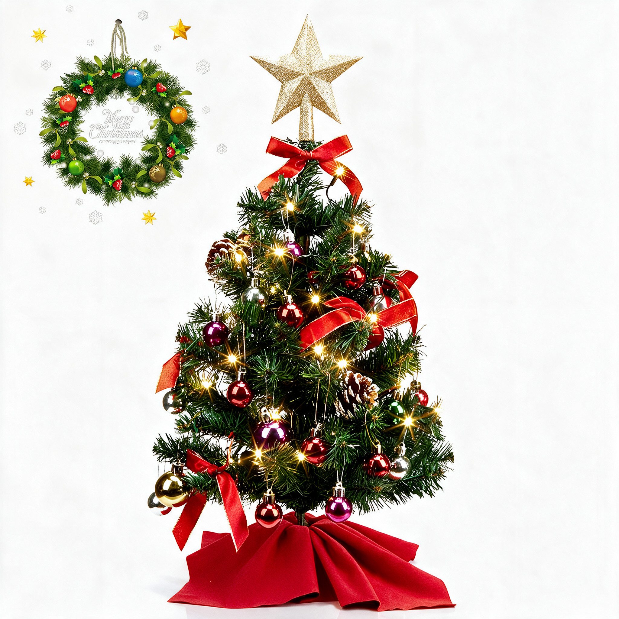 WOWDSGN Künstlicher Weihnachtsbaum 60cm mit Beleuchtung mit 50 LED Warmweiß 8 Modi mit 20 Kugeln & Sockel, Künstlicher Weihnachtsbaum, Kleiner Tisch Weihnachtsbaum mit Timer Batteriebetrieben, Innen Deko