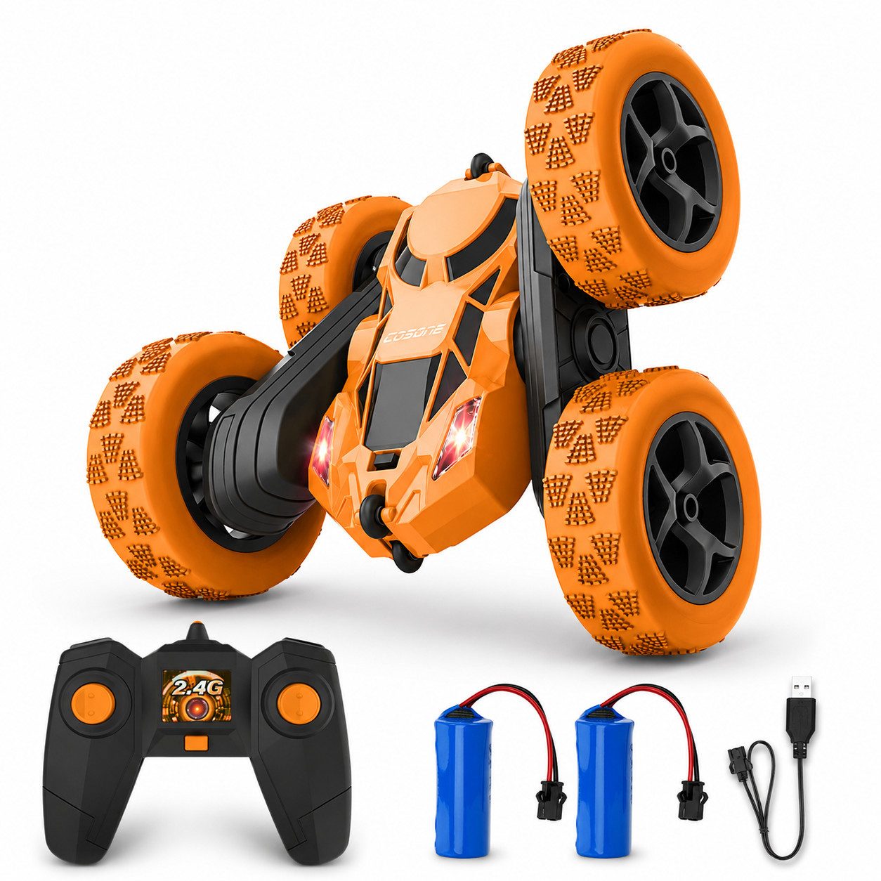 Diyarts RC-Auto (Ferngesteuertes Stuntauto inkl. 2 Akkus & Fernbedienung, Spiel-Set mit Zubehör), Stuntauto 360°-Action, LED-Lichtern & 60 Min. Spielspaß