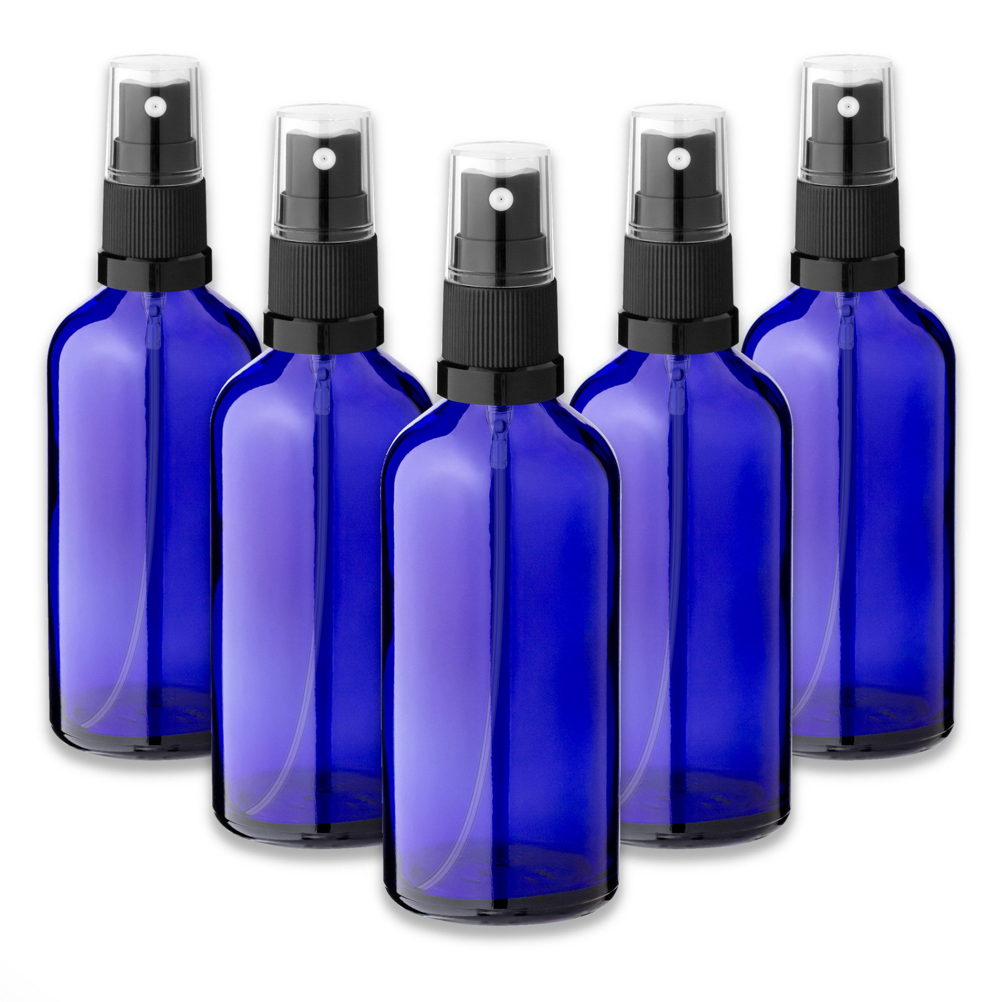 CK Verpackung GmbH Pipettenflasche 5x Blaue Glasflasche 100 ml mit schwarzem Zerstäuber Sprükopf 18/415