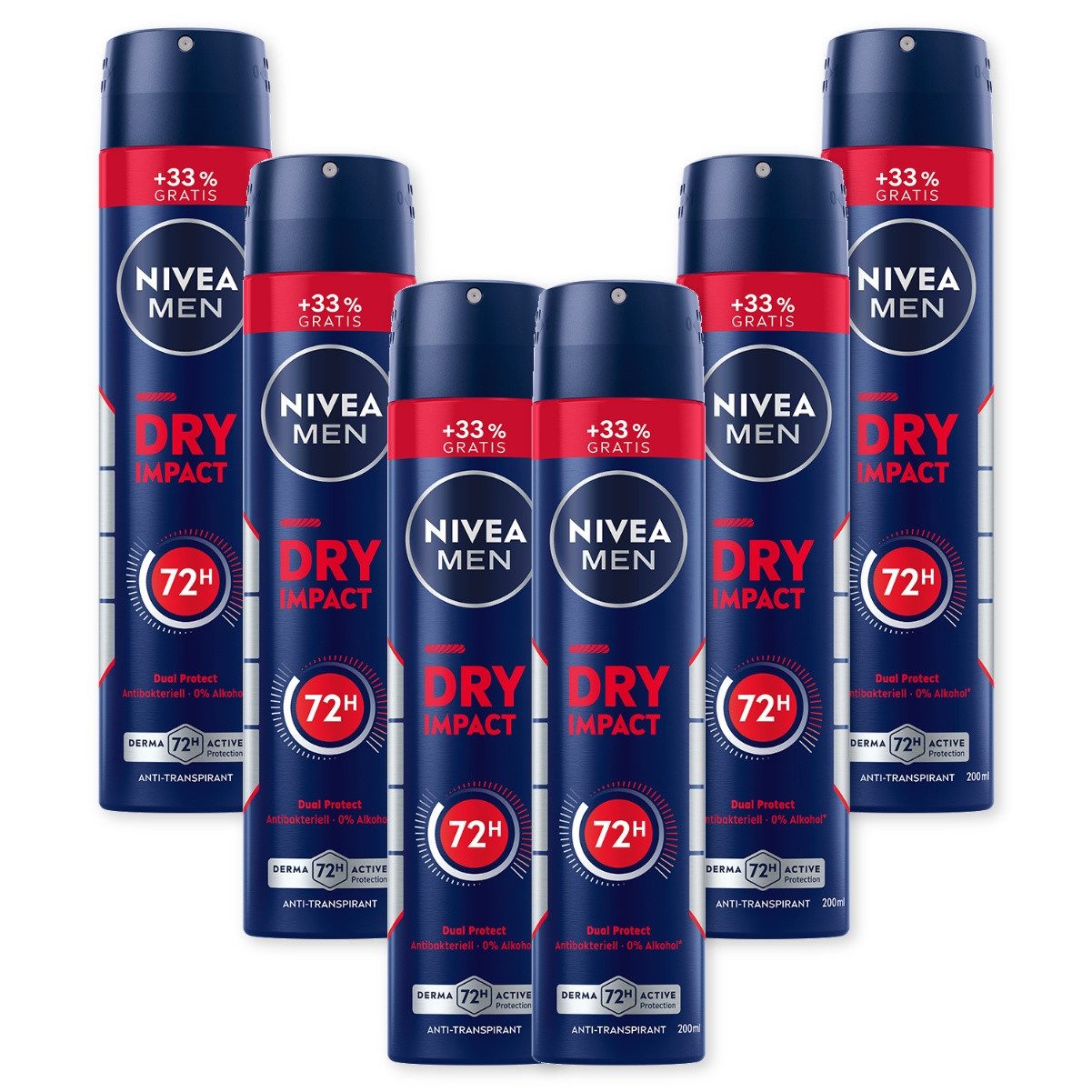 Nivea Men Deo-Spray Dry Impact​ XL 6x200ml DERMA 72h Aktiv-Schutz, 6-tlg., mit 48H Trockenschutz