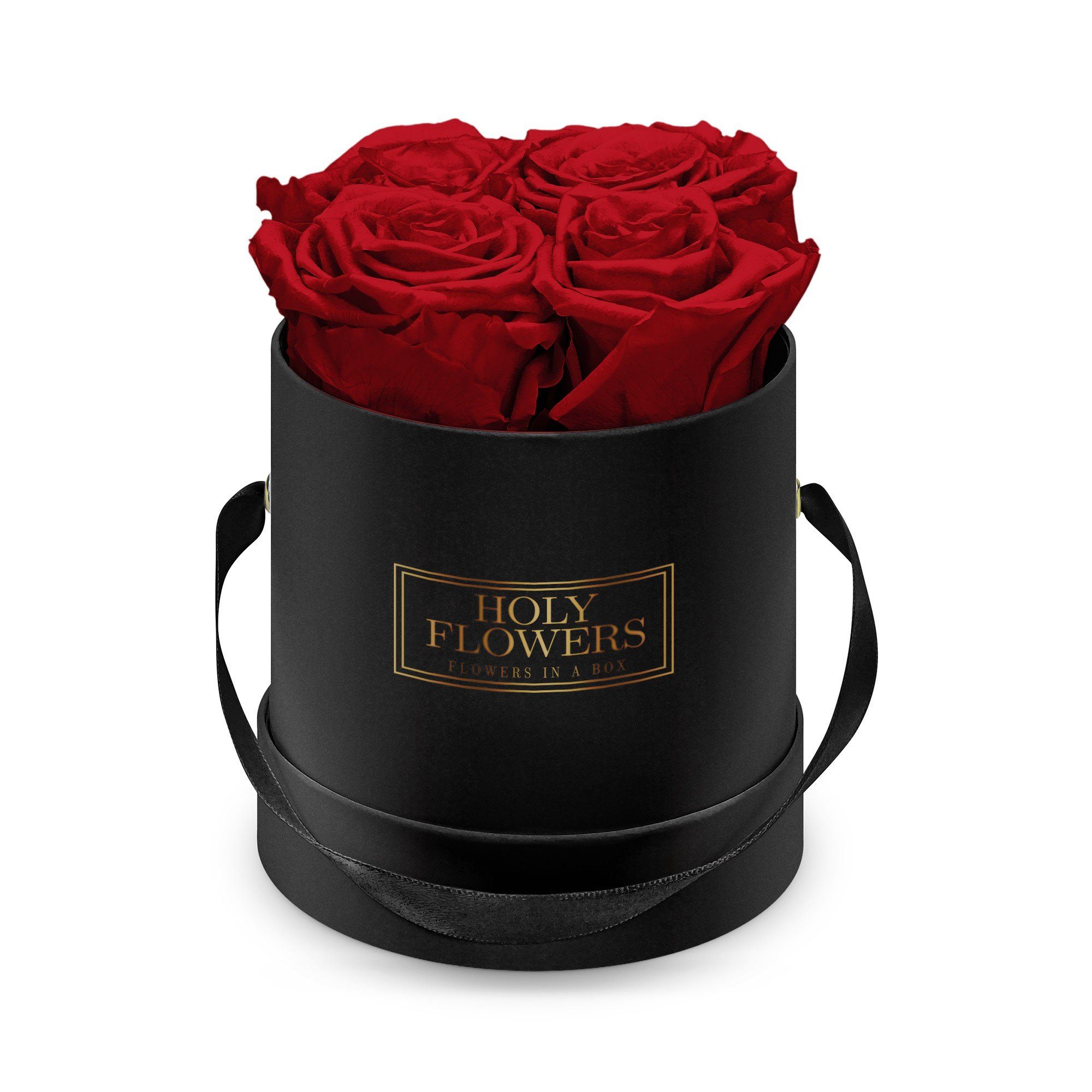 Kunstblume Runde Rosenbox in schwarz mit 4-5 Infinity Rosen I 3 Jahre haltbar I Echte, duftende konservierte Blumen I by Raul Richter Infinity Rose, Holy Flowers, Höhe 11 cm Heritage Red