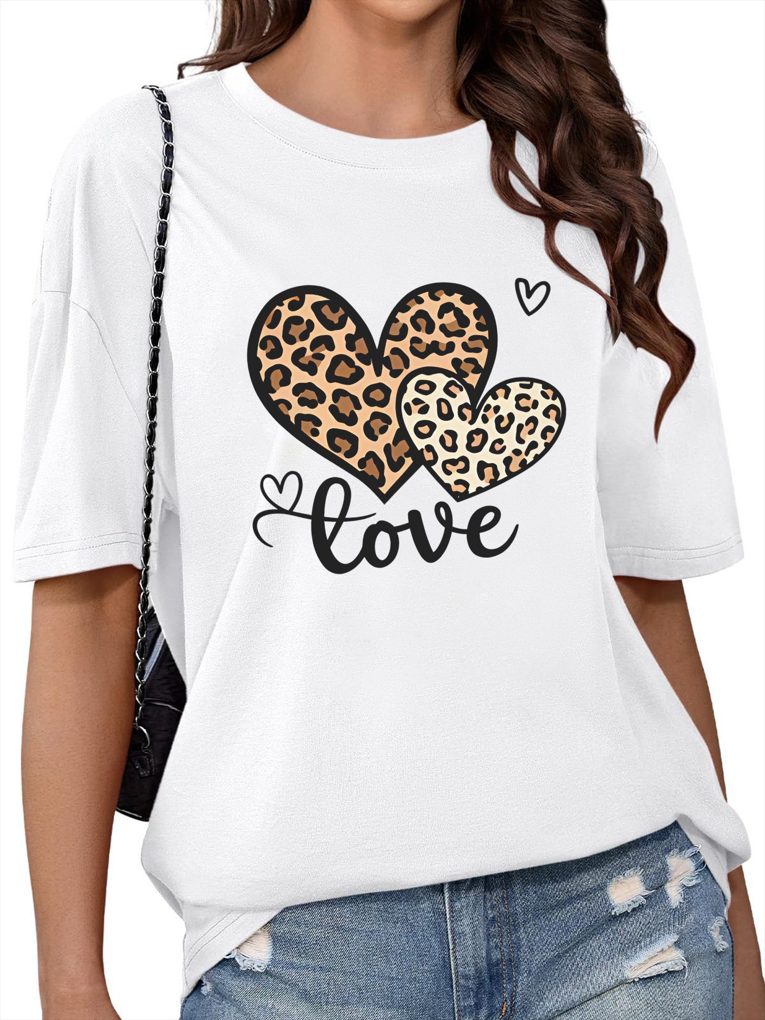 PYLIKE Print-Shirt Damen Bequemes Sommer T shirt mit Leopardenherz Druck Be günstig online kaufen