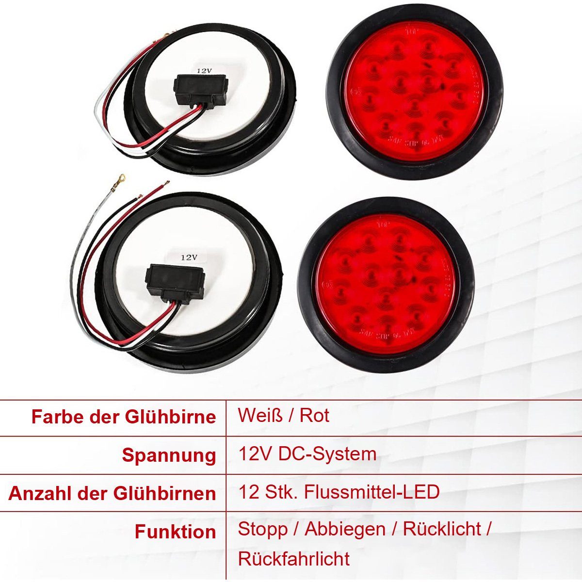 götäzer Runde Stück rote Wohnmobile 12 LED-Anhänger-Rücklichter, für Anhänger-Rückleuchte Lenkbrems-Anhängerleuchte Weiss 4 4 Zoll