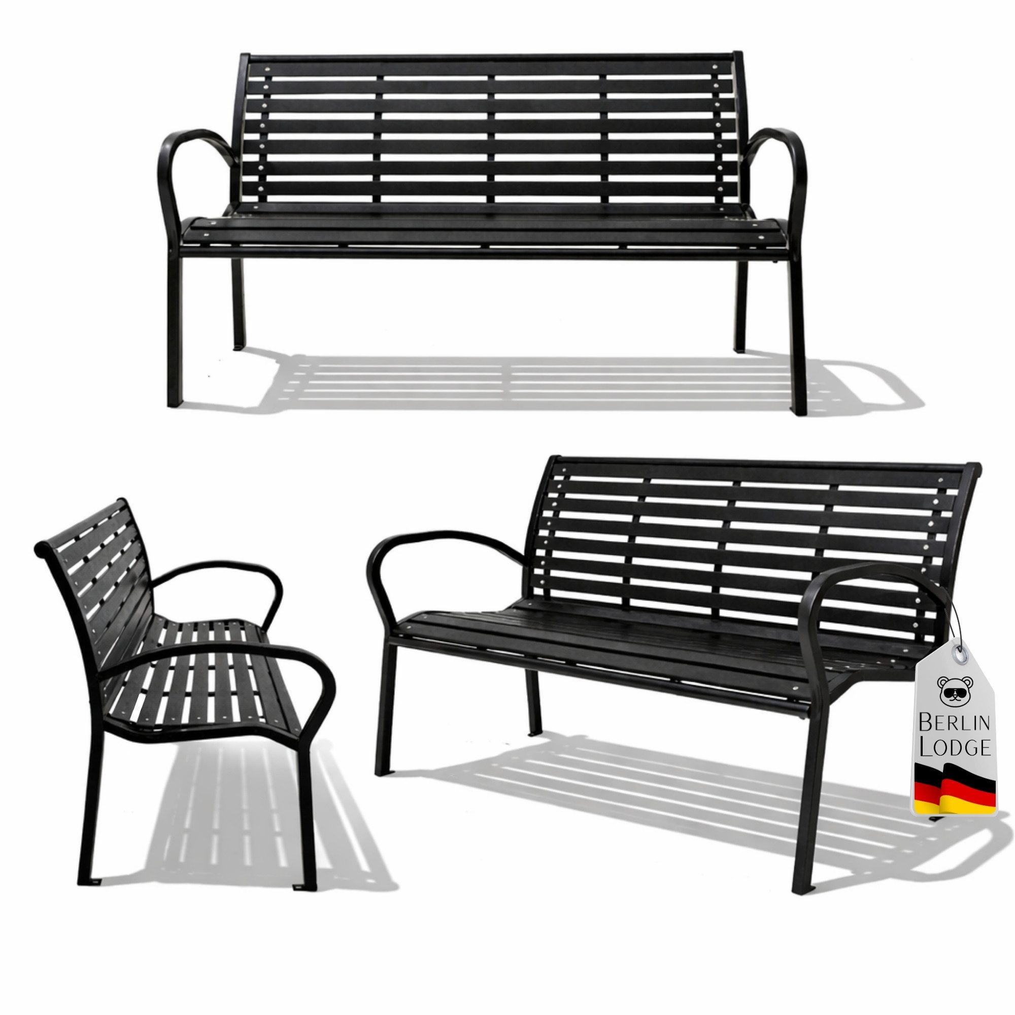 PROREGAL® Gartenbank MYKONOS Holzoptik Kunststoff & Metall 3-Sitzer 80x126x60cm Schwarz, Kunststoff/Metall Balkonbank Holzbank Gartenmöbel Sitzbank Parkbank