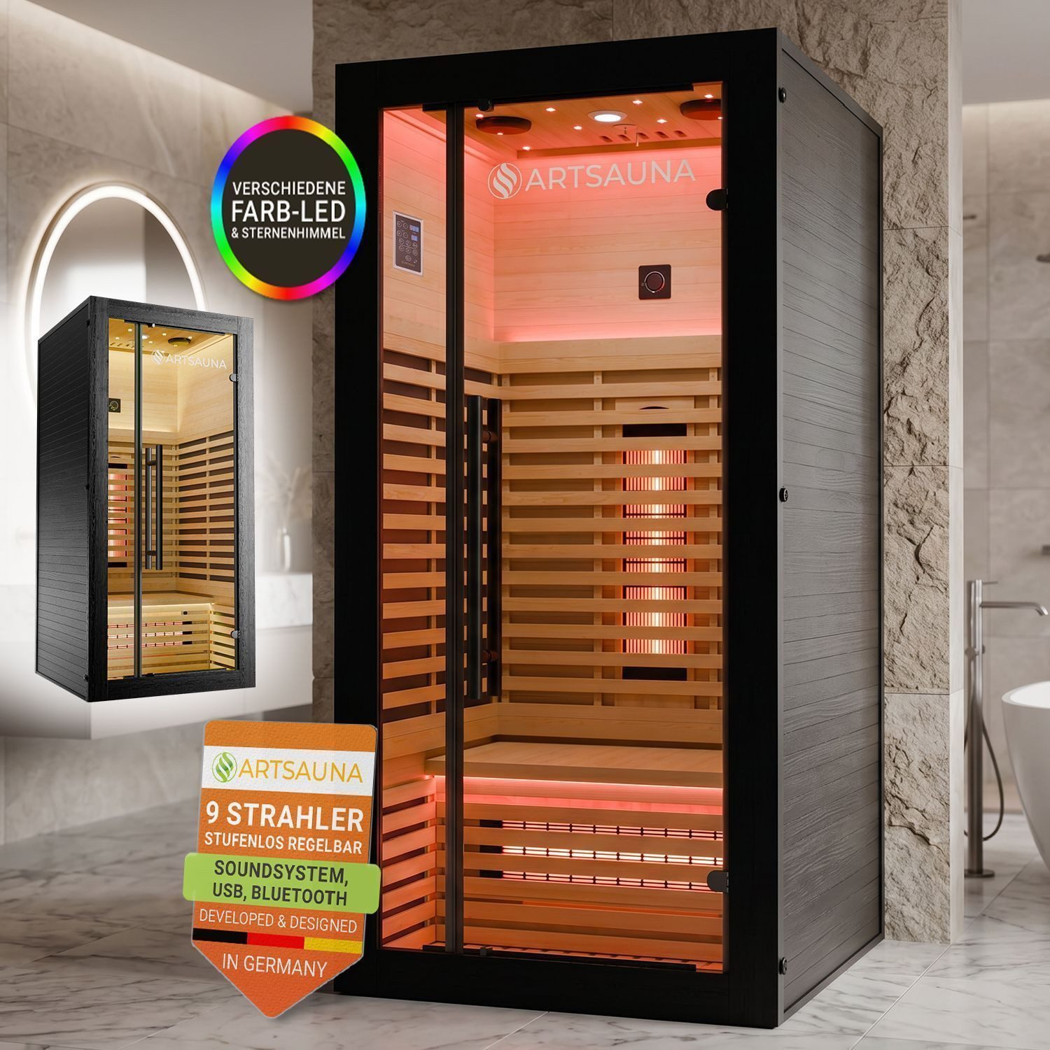 Artsauna Infrarotkabine Trondheim90, Dual-Technik, Dimmbare Rückenstrahler, 1 Personen, LED-Beleuchtung