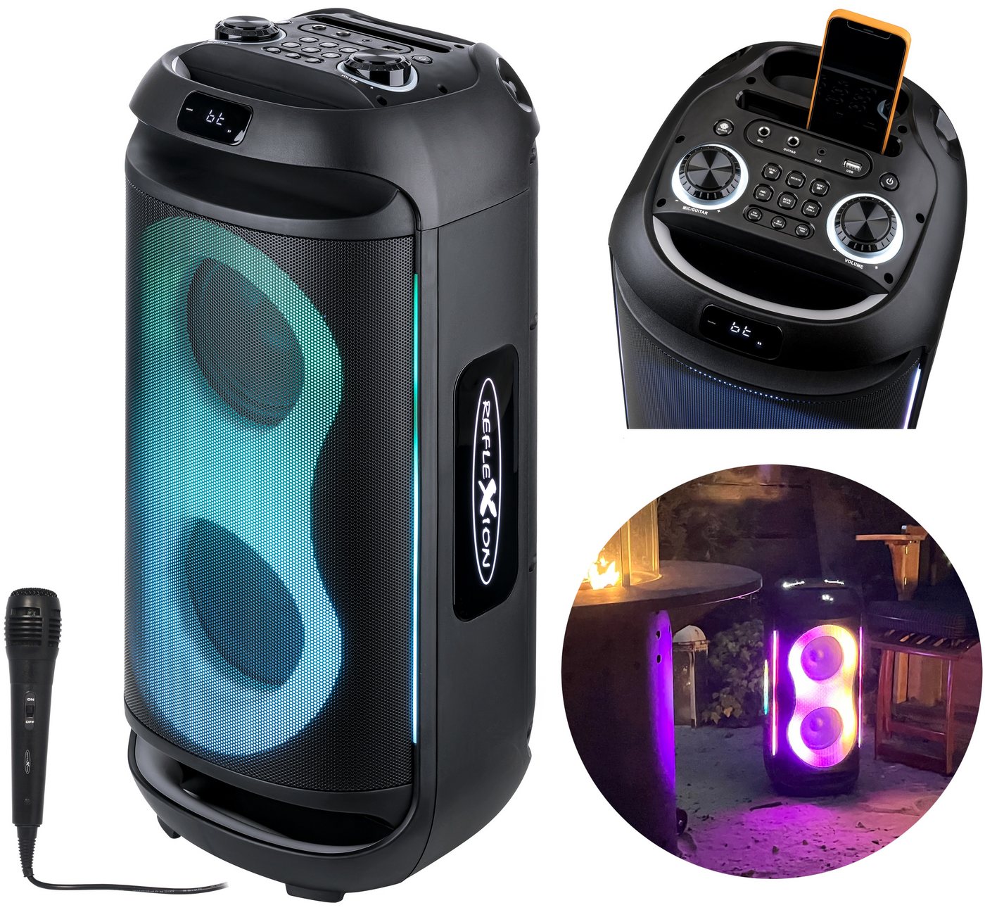 Reflexion PSX40BT Discobeleuchtung mit Modi-Auswahl Party-Lautsprecher (Bluetooth, 500 W, Bluetooth, Radio, Karaoke, Disco-Licht Effekte, Super BASS-Taste)