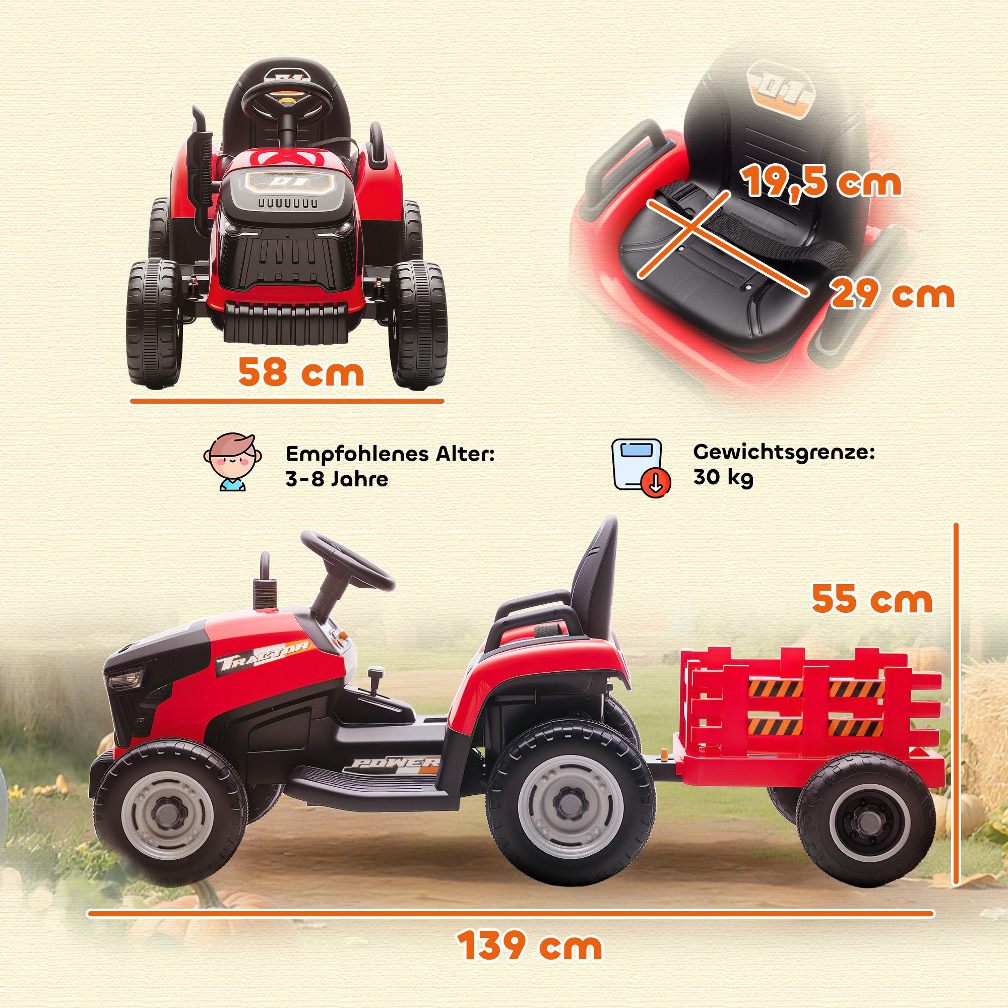 AIYAPLAY Elektro-Kindertraktor Aufsitz-Traktor mit Fernbedienung, Belastbarkeit 30 kg, (1-tlg), Soft-Start-Funktion, für Kinder im Alter von 3-8 Jahren, Rot