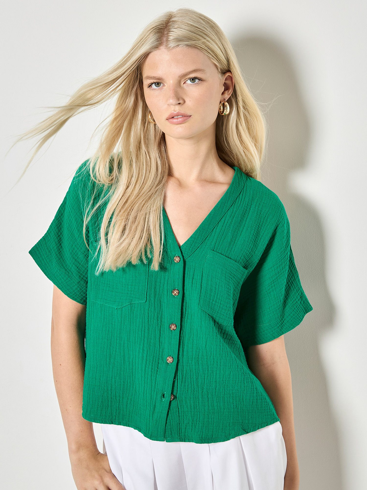 Apricot Blusentop Strukturierte Bluse mit V-Ausschnitt Einfarbig