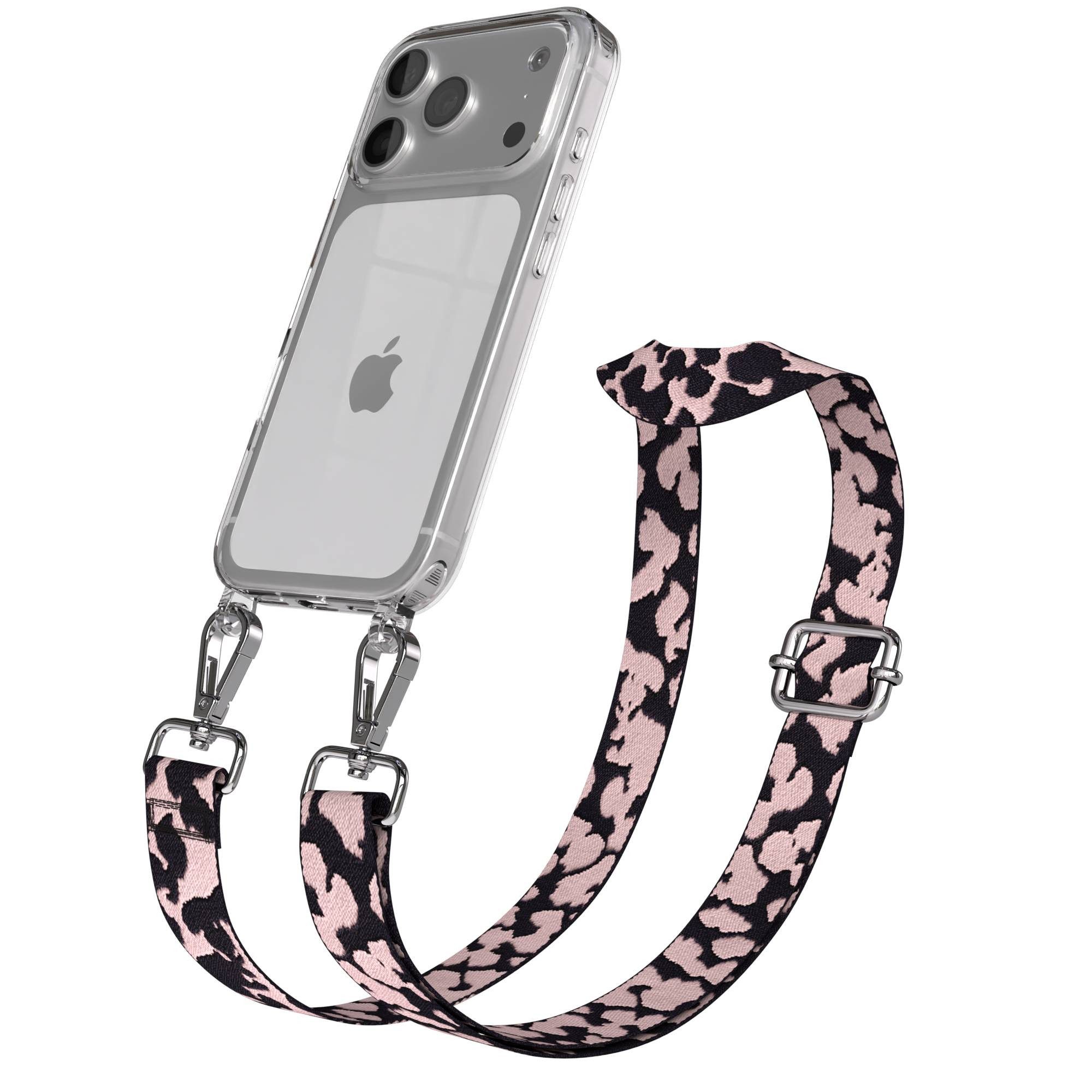 EAZY CASE Handykette Umhängeband für Apple iPhone 17 Pro 6,3 Zoll, Silikon Handyhülle mit Band Camouflage zum Tragen Rosa