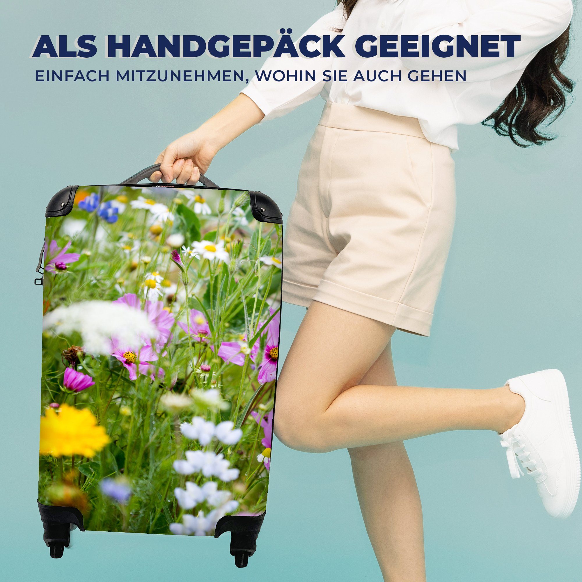 MuchoWow Handgepäckkoffer Blumen - Natur Trolley, Rollen, Ferien, für - Weiß, - - Handgepäck Reisetasche rollen, Lila 4 Grün Gras mit Reisekoffer 