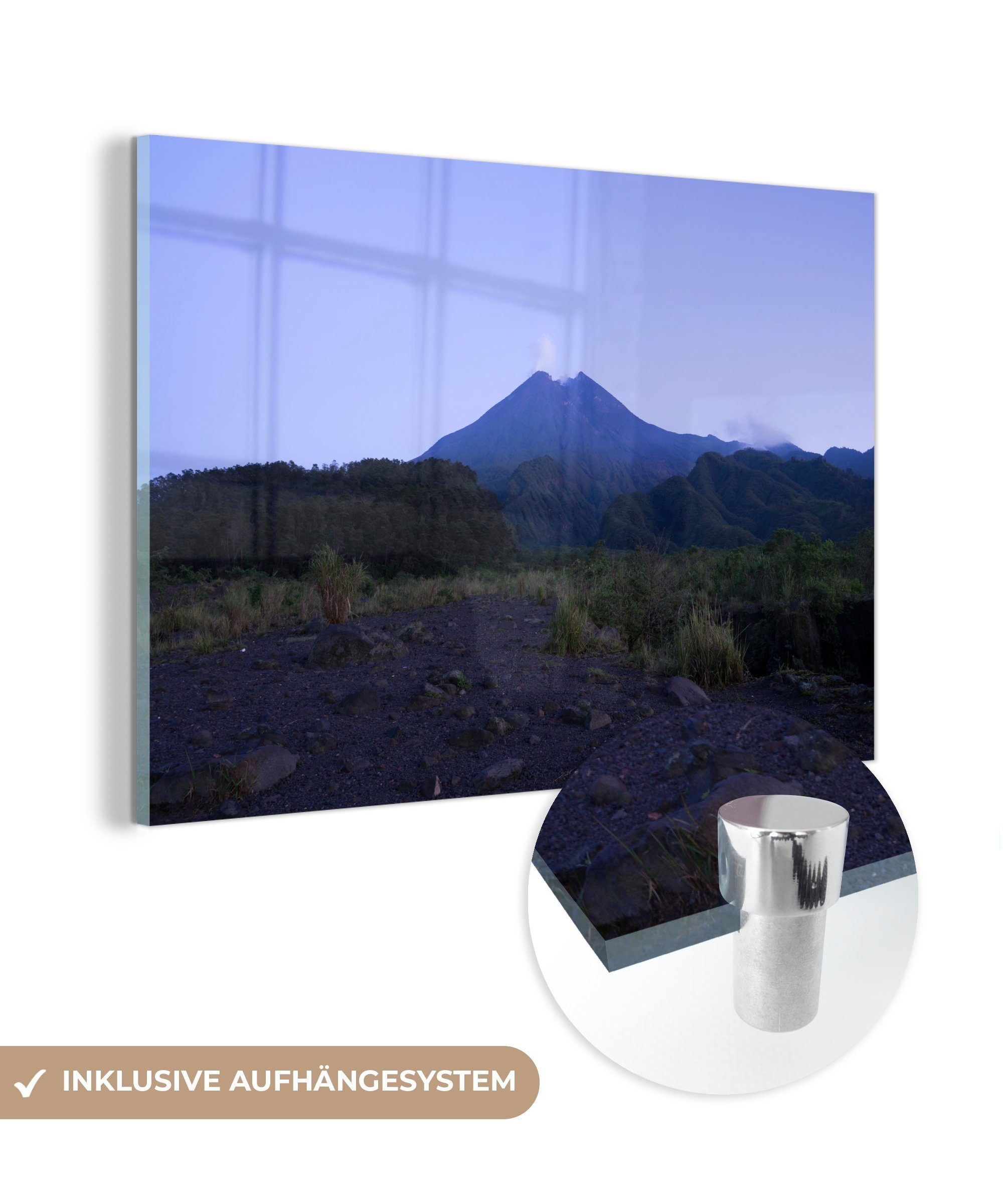Acrylglasbild Merapi MuchoWow Der Indonesien, & blauen Acrylglasbilder Stunde Gunung St), in der (1 Wohnzimmer Berg Schlafzimmer in