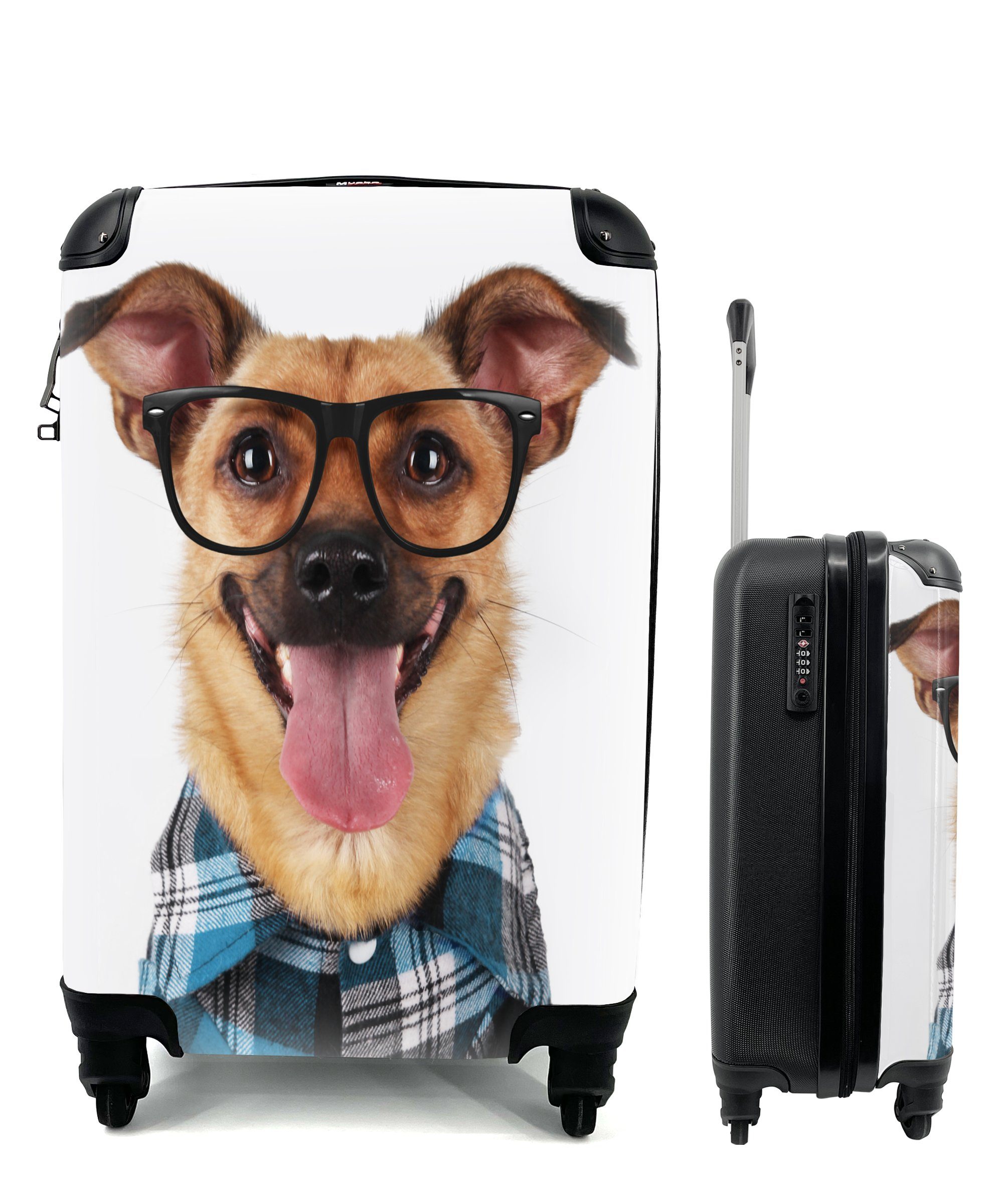 MuchoWow Handgepäckkoffer rollen, Rollen, Hipster, Trolley, Reisekoffer Brille - für Bluse mit Reisetasche 4 Ferien, - Handgepäck - Hund