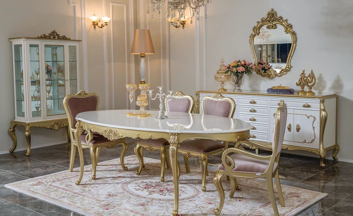 Esstisch Esszimmerstühle Esszimmer Luxus / Esszimmer im Weiß Padrino Casa - ovaler Prunkvolle Set Gold Rosa / 6 Möbel & 1 Esszimmer-Set Barockstil - Barock