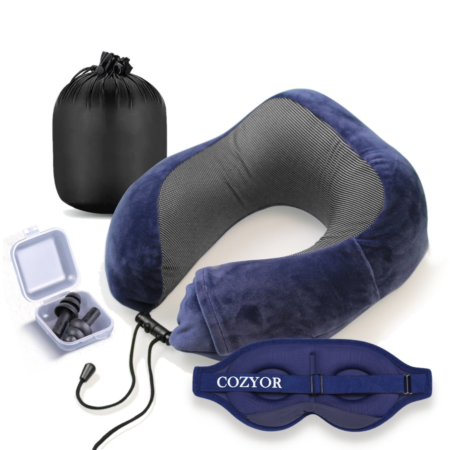 Cozyor Schlafmaske 100% Blackout-Effekt 3D Augenmaske mit ergonomischem Design, Reiseset klein & kompakt, blau Ocean, Schlafmaske + Nackenkissen & Ohrstöpsel, extra Polsterung und variable Passform