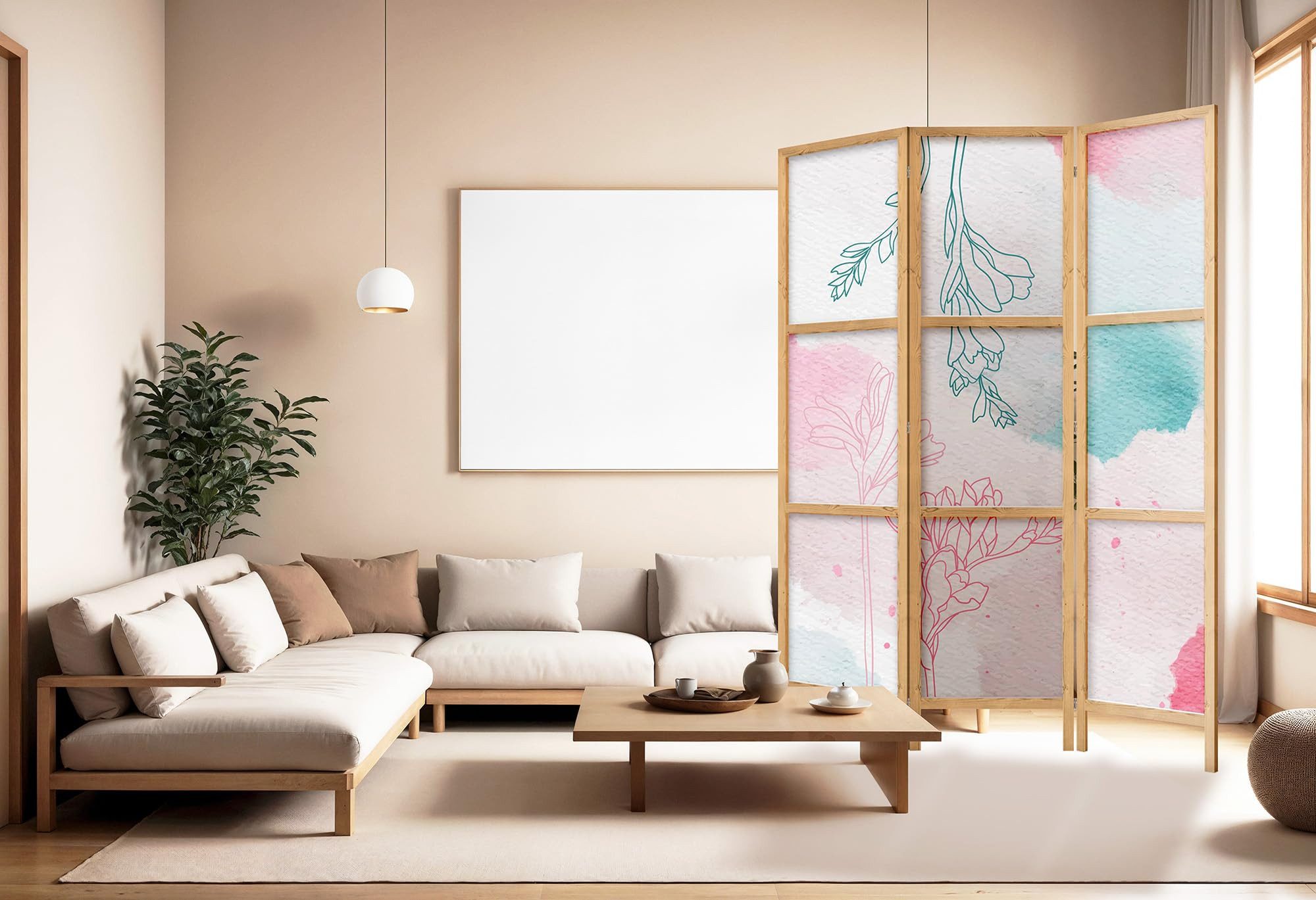 framed concept Paravent, Raumteiler Holz Japan-Motiv, 135x172 & 225x172 cm, einseitig