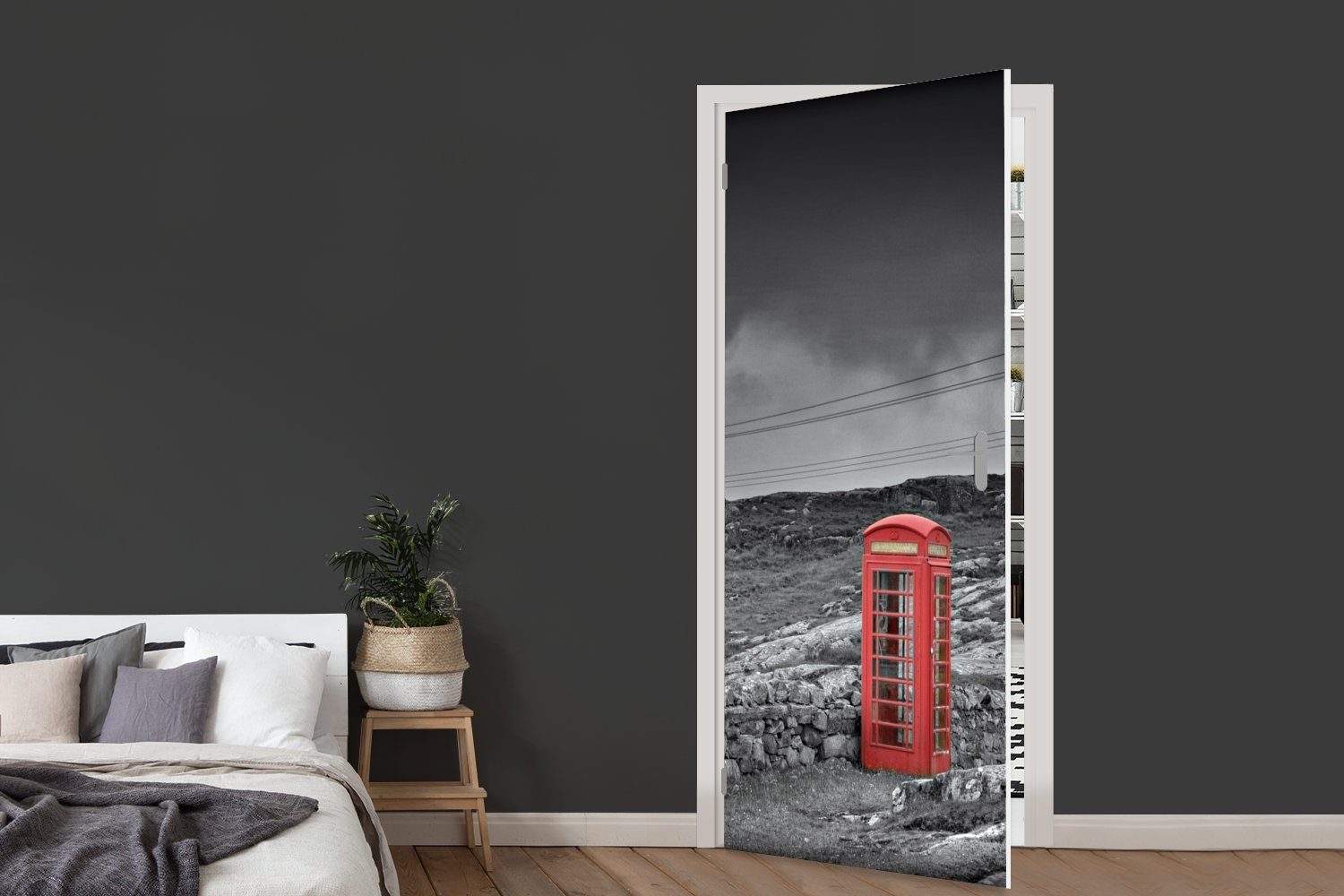 Schwarz-Weiß-Foto für Telefonzelle, Tür, 75x205 Matt, MuchoWow Türaufkleber, Fototapete (1 britischen bedruckt, Türtapete einer St), cm