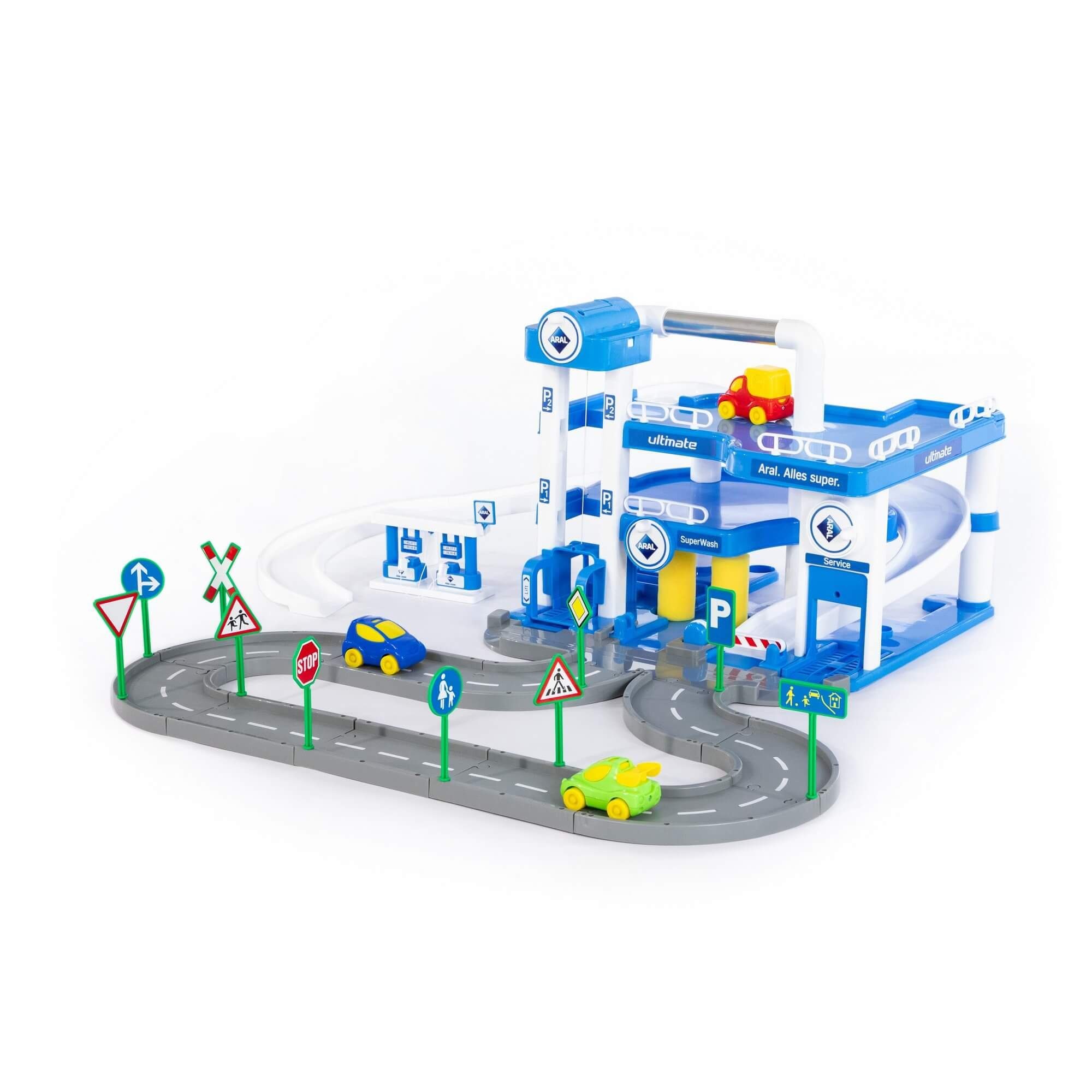 WADER QUALITY TOYS Spiel-Parkhaus Garage Nr.1 ARAL mit Strassenset und Autos