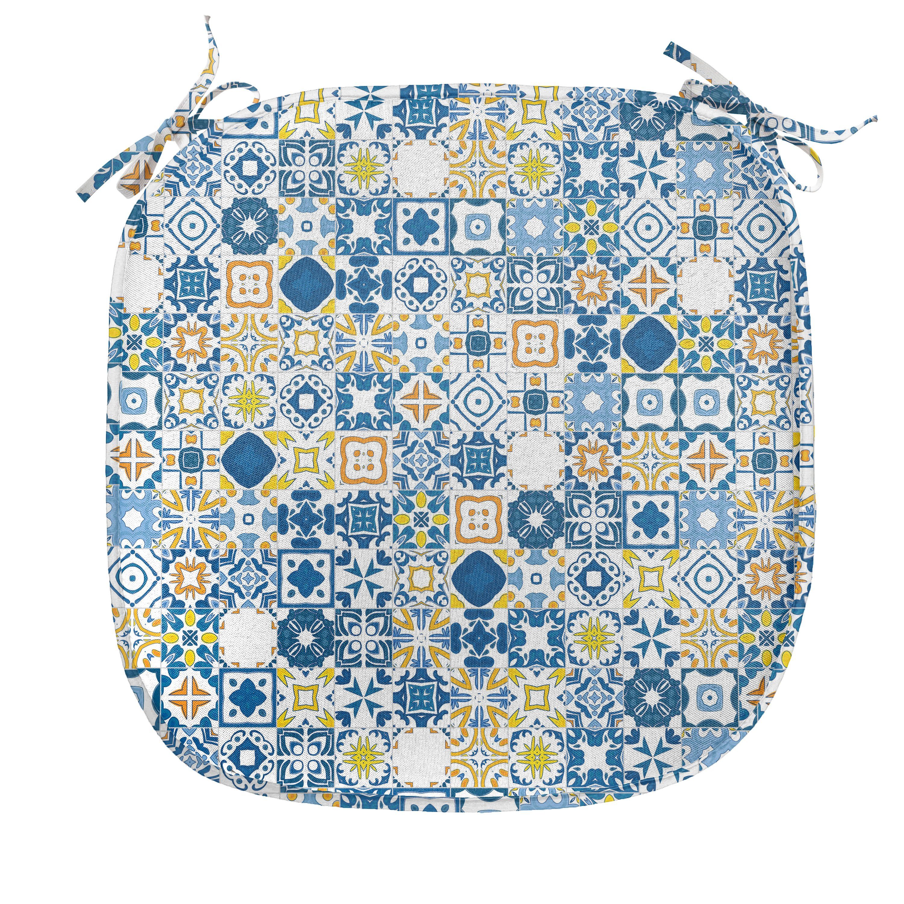 Abakuhaus Stuhlkissen Dekoratives wasserfestes Kissen mit Riemen für Küchensitze, Gelb und Blau Mosaik Azulejo
