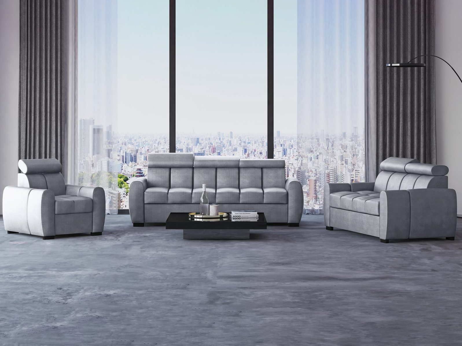 Beautysofa Polstergarnitur Gomez, (inkl. Schlaffunktion und Bettkasten, verstellbaren Kopfstützen), Designersofa 3+2+1 in Velourstoff, Rundumbezug