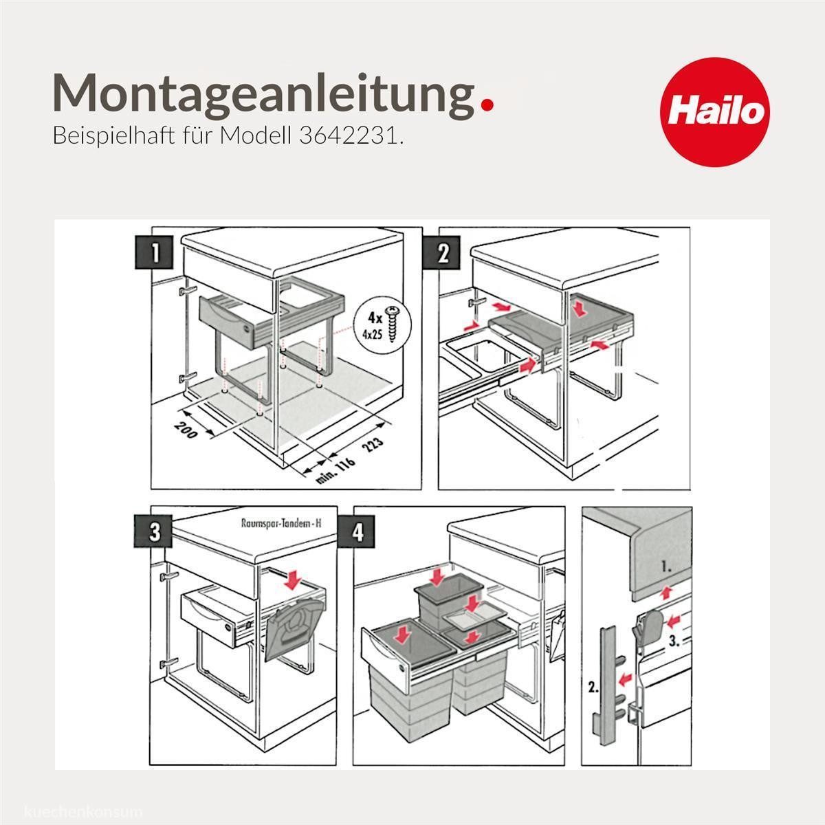 Hailo Einbaumülleimer Hailo Abfallsammler 3642231 Mülleimer Raumspar-Tandem-H 2x 10 + 20 Ltr – Bild 5 von 5