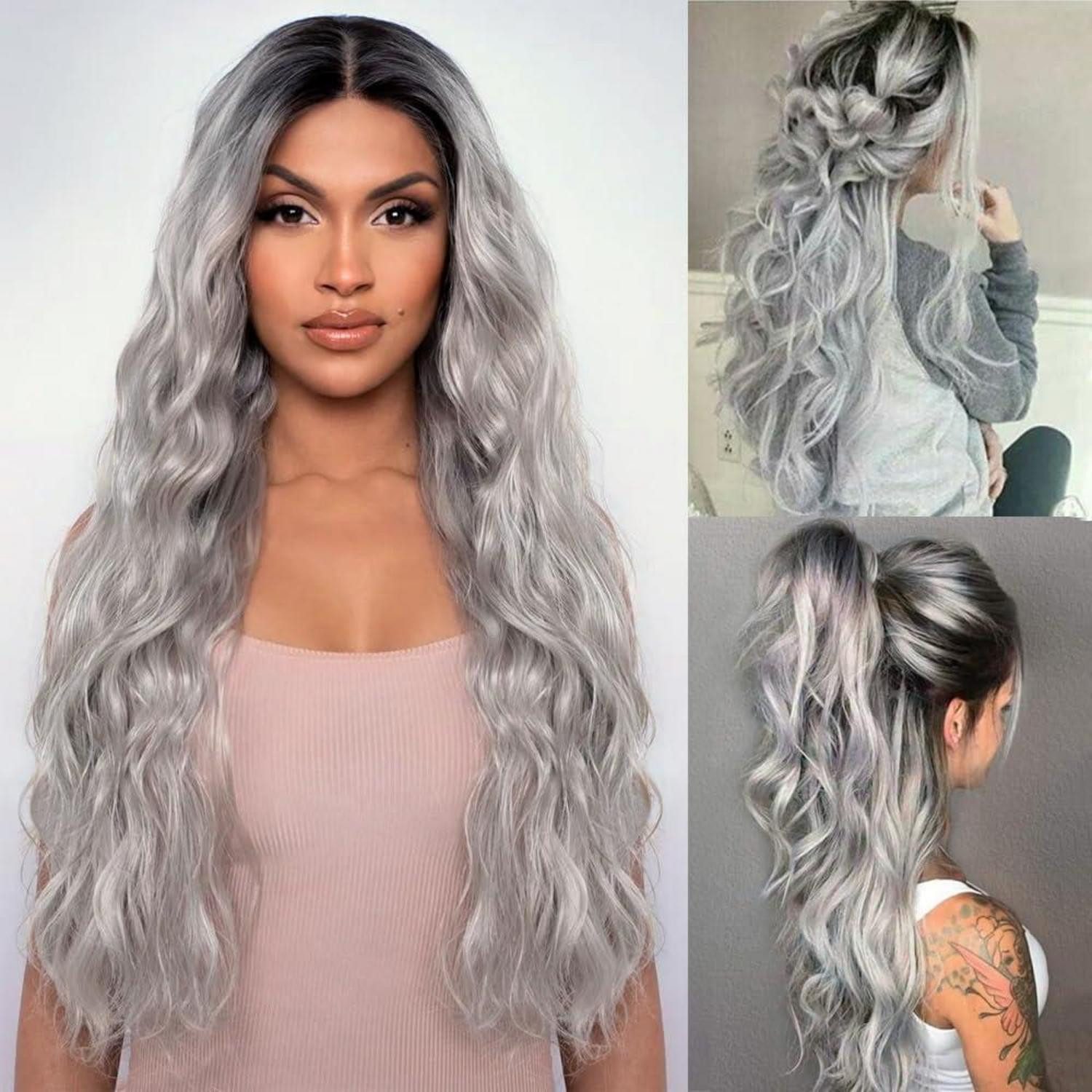 LuxusKollektion Kunsthaarperücke Perücke Damen lang gewellt Ombre Mittelteil Cosplay Grau