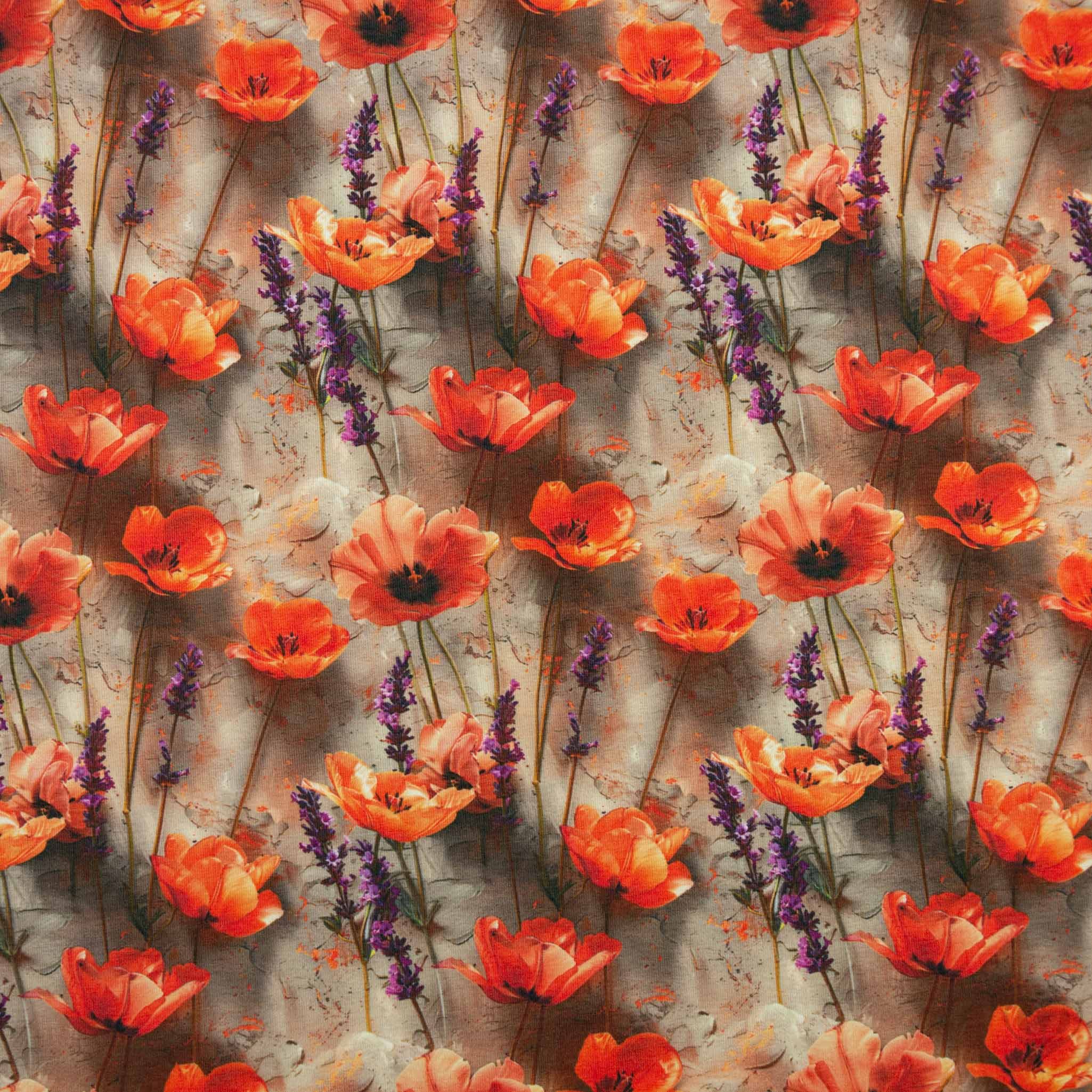 maDDma Stoff Baumwoll-Jersey Mohnblumen 3D Meterware Digitaldruck 150cm