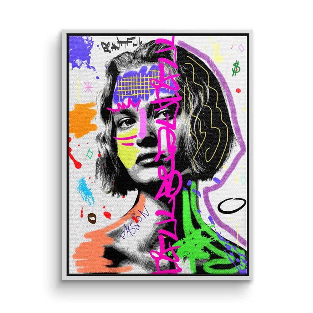 DOTCOMCANVAS® Leinwandbild, Leinwandbild Pop Art Graffiti Lady Power weiß mit premium Rahmen weißer Rahmen