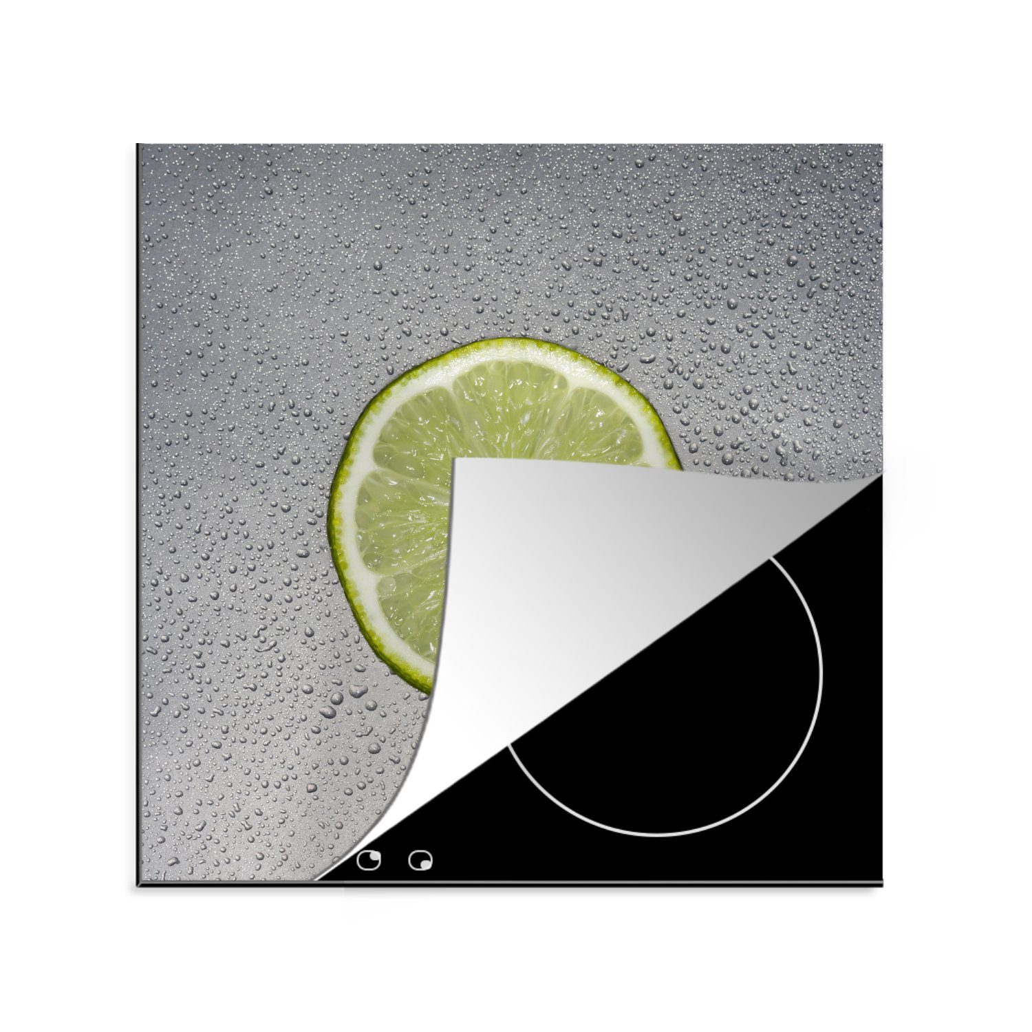 MuchoWow Herdblende-/Abdeckplatte geschnittene Limette, umgeben von Wasserperlen, Vinyl, (1 tlg), 78x78 cm, Ceranfeldabdeckung, Arbeitsplatte für küche