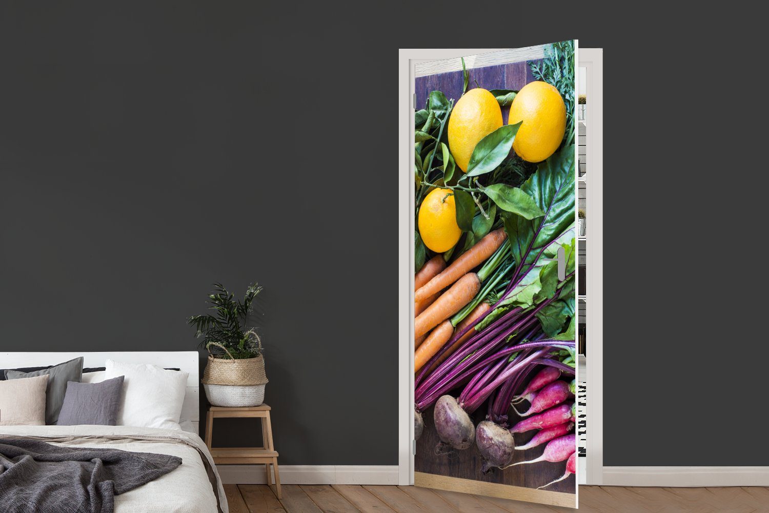 MuchoWow Türtapete Gemüse - Obst bedruckt, cm - Holzkiste, Tür, St), (1 Fototapete 75x205 Matt, Türaufkleber, für