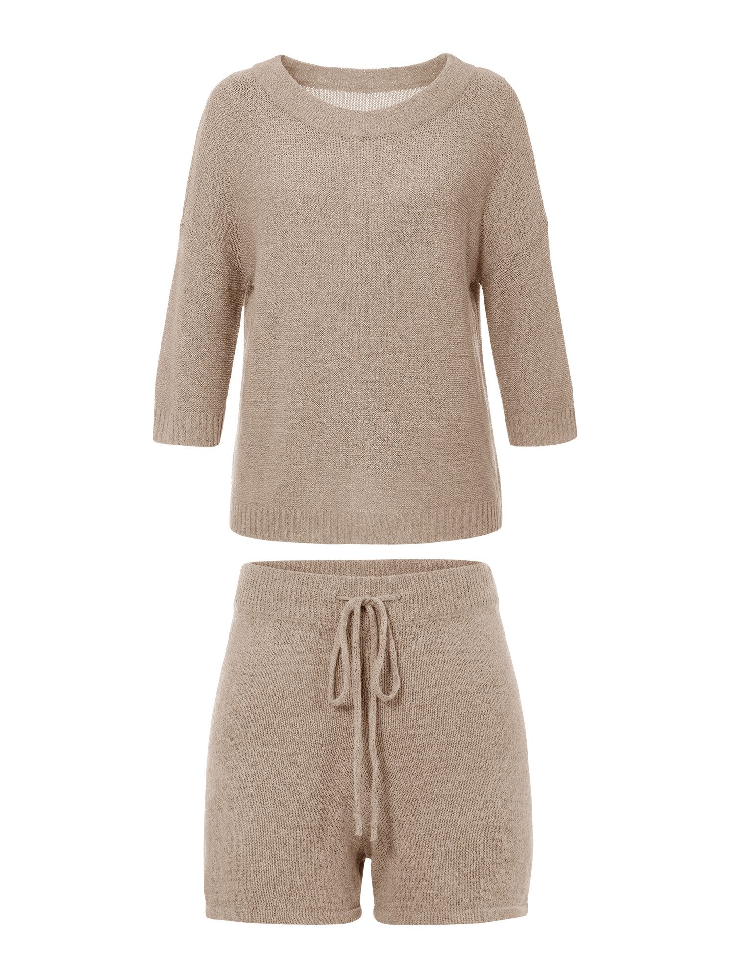 Imily Bela Hausanzug Damen Zweiteiliges Pyjama-Set (Set, 2 tlg., Schulterfreier Strickpullover + Kurze Hose) Einfarbig – Bild 2 von 5