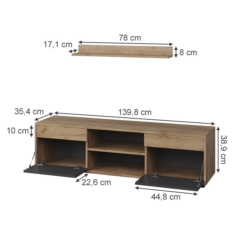 Vicco Wohnwand Berno, Goldkraft Eiche/Anthrazit, 2 Teile, (1-St)