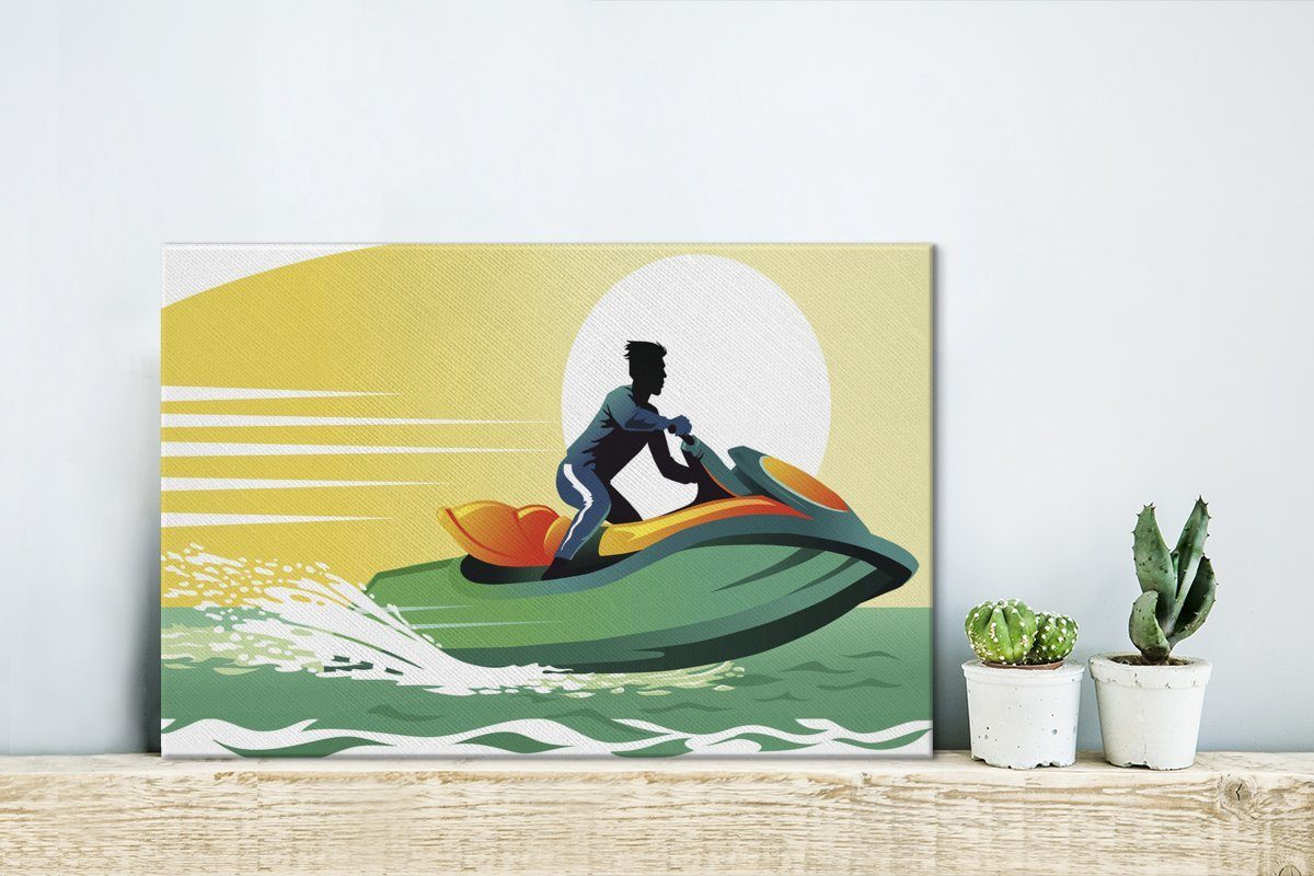 OneMillionCanvasses® Leinwandbild Illustration einer Person vor einem 30x20 cm Wandbild Sonne, Wanddeko, auf St), Leinwandbilder, der Jetski (1 Aufhängefertig