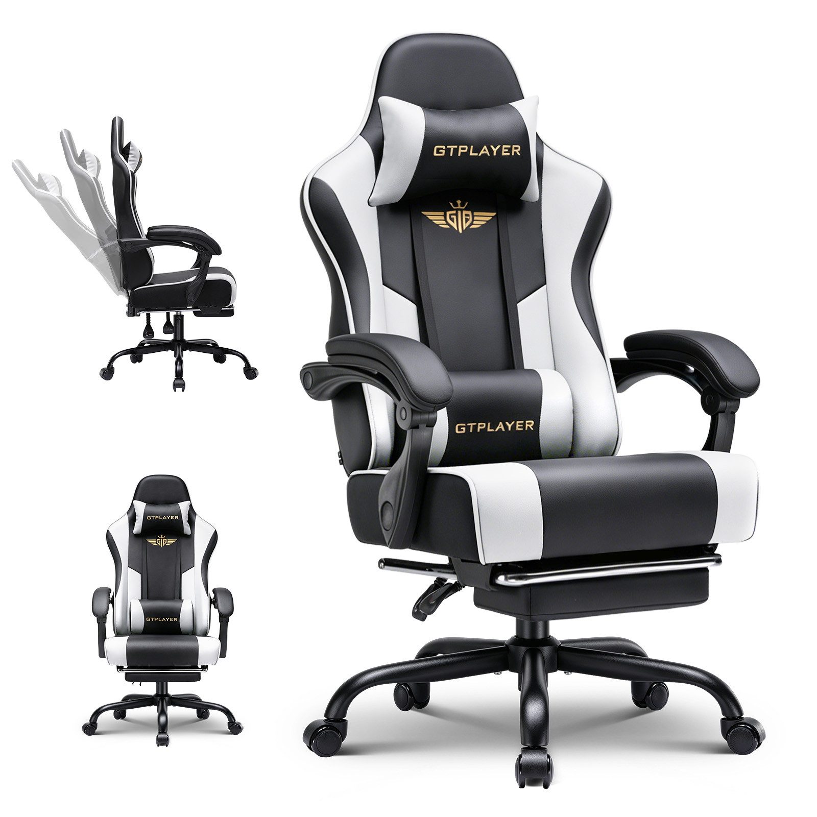 GTPLAYER Gaming-Stuhl Gaming Stuhl Chair Gamer Sessel - Ergonomischer Gamer Stuhl, mit Fußstütze Kopfstütze und Lordosenstütz 180kg