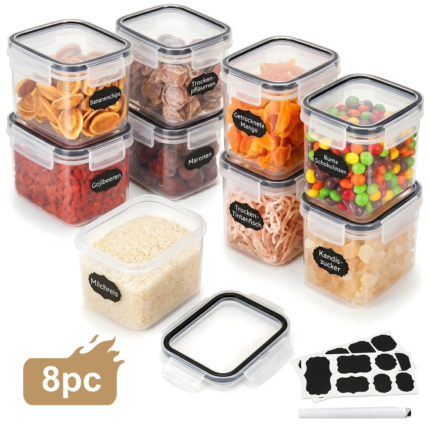 HEYHIPPO Vorratsdose 8er Set Vorratsdosen 800 ml – luftdicht, BPA-frei, spülmaschinenfest, (Spar-Set, Vorratsbehälter–luftdichter organizer, transparent, leicht zu reinigen), Aufbewahrungsboxen – mit Deckel & Etiketten, 15.5 x 10.5 x 9.5 cm