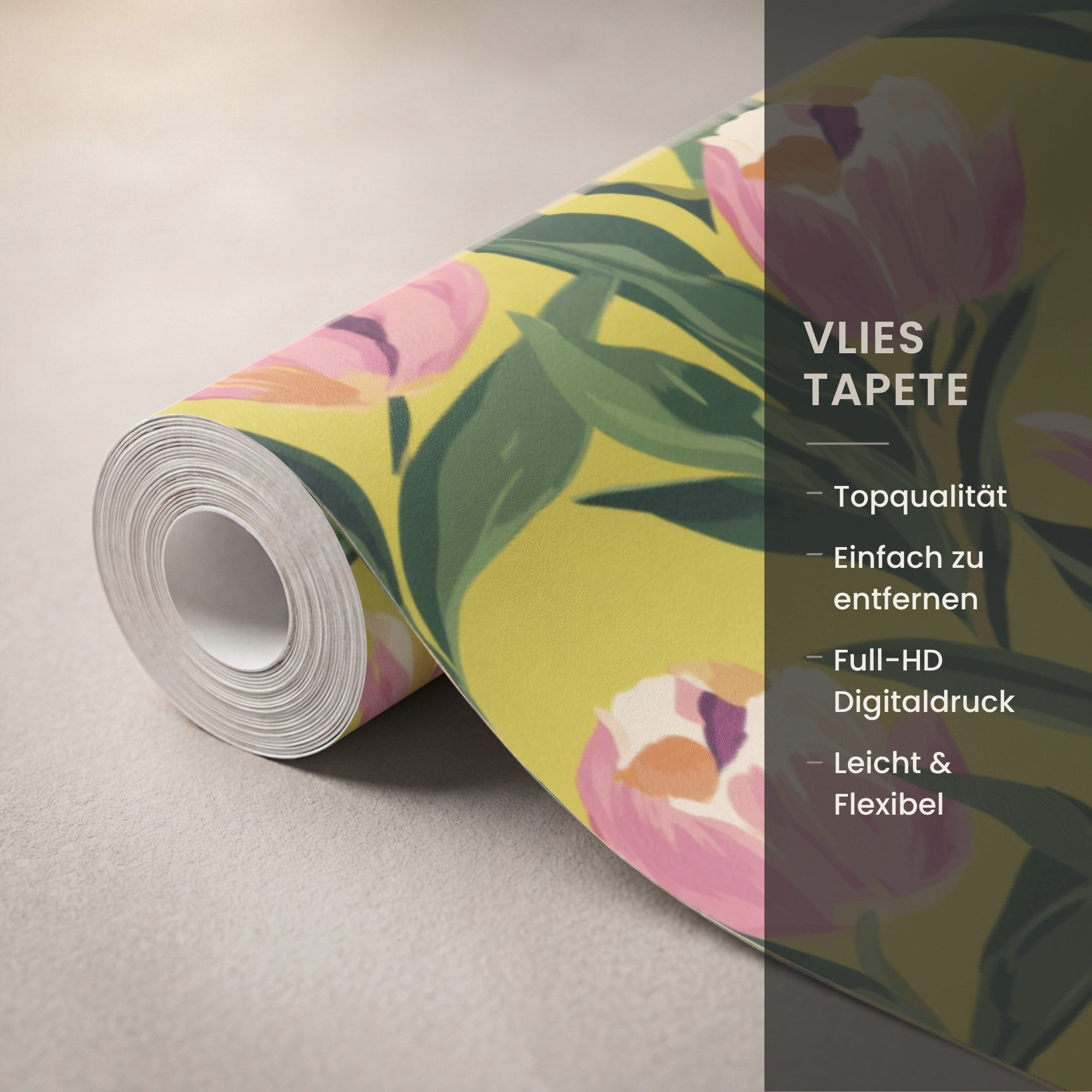 OnlyWow Fototapete Tulpen - Botanisch - Gelb, Matt, bedruckt, Wandtapete, Schlafzimmer, Wanddekoration 100x220cm