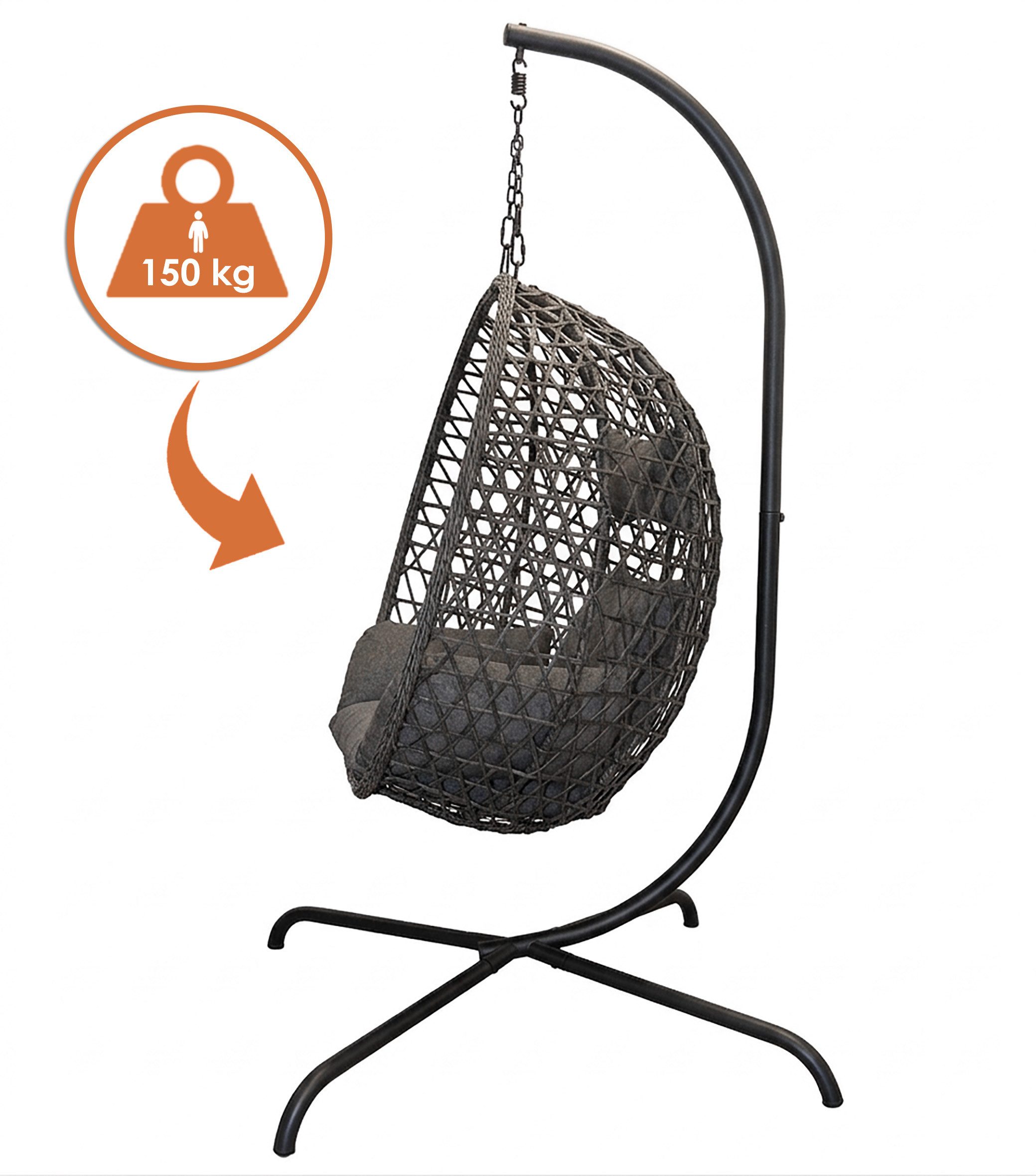 Spetebo Hängesessel Outdoor Hängestuhl mit Sitz-und Kopfkissen für Außen und Innen (Anzahl, 1-St., anthrazit), Polyrattan Hängesessel mit Gestell und Standfuß, 194 x 104 cm