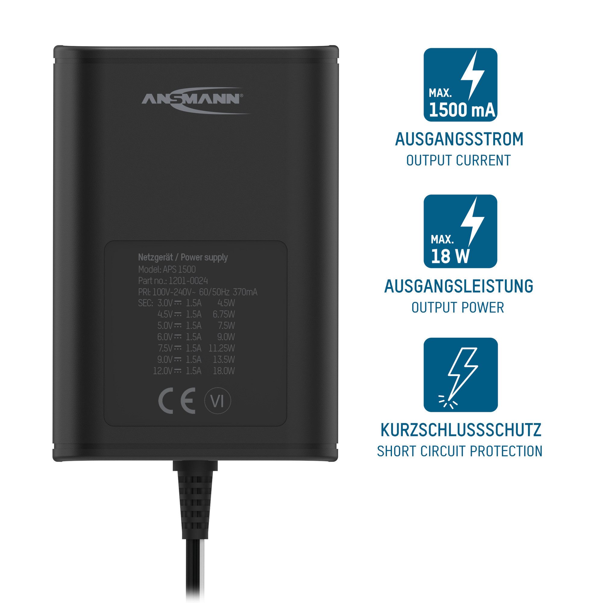 ANSMANN AG APS 1500 Netzteil 12V, Netzstecker bis max 1500mA (7 Adapter) Netzteil
