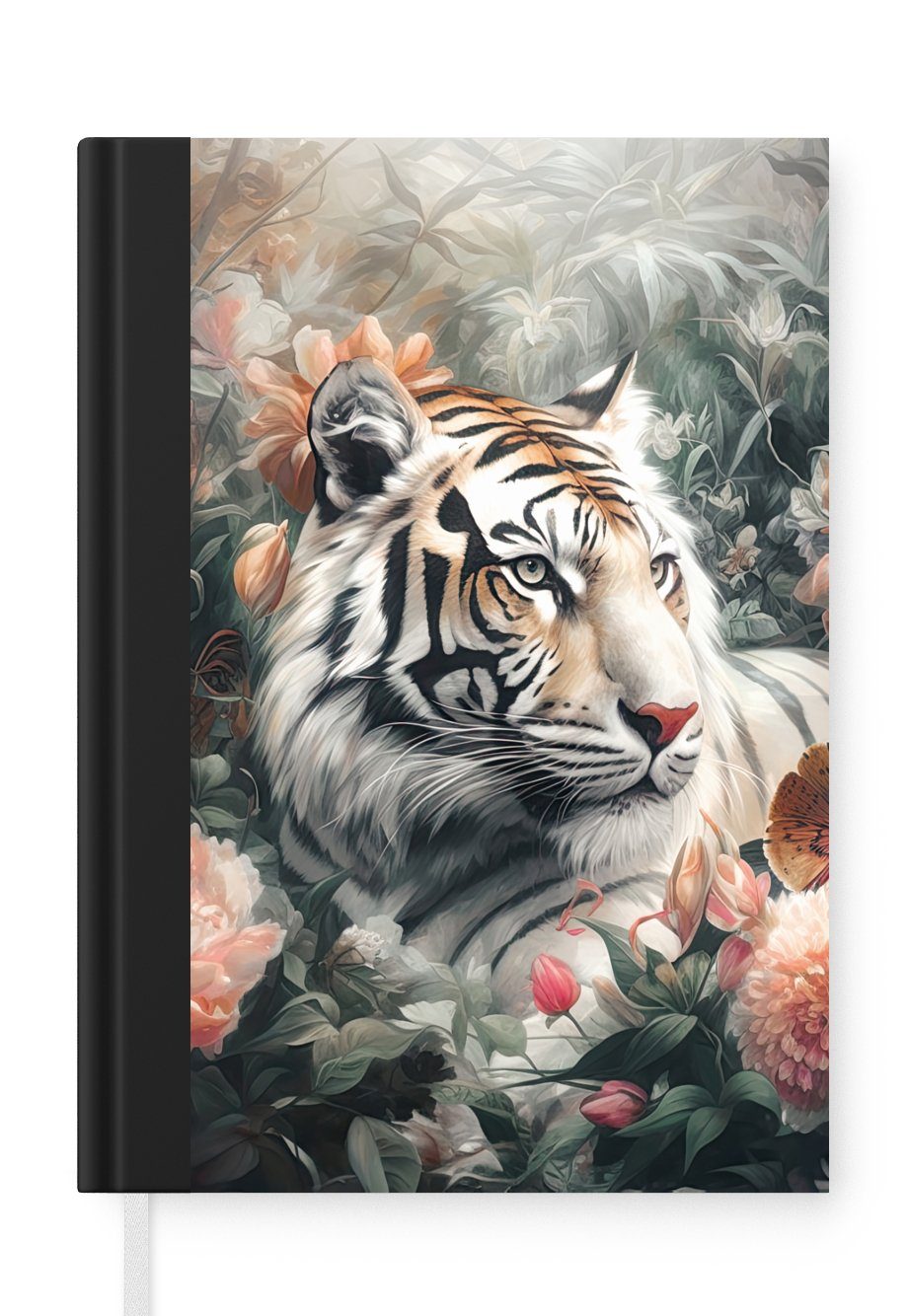 MuchoWow Notizbuch Tiger - Wildtiere - Blumen - Dschungel, Journal, Merkzettel, Tagebuch, Notizheft, A5, 98 Seiten, Haushaltsbuch