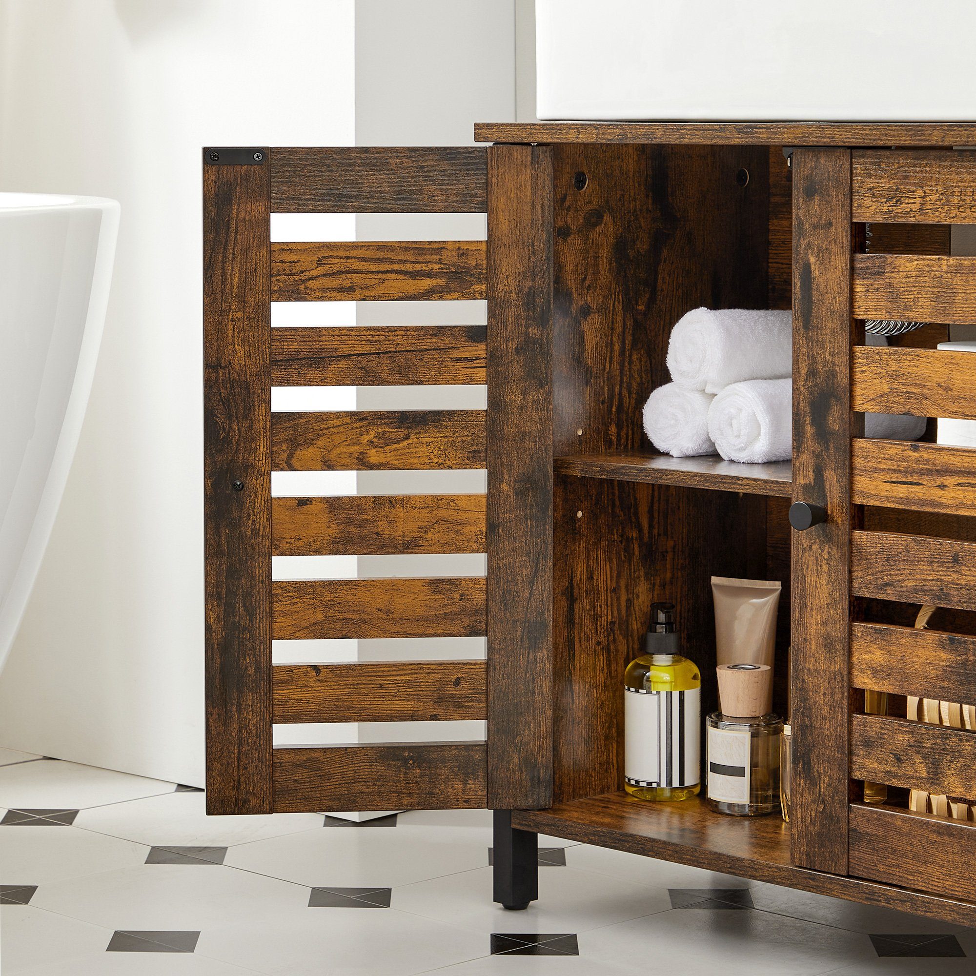 VASAGLE Waschbeckenunterschrank Aufbewahrungsschrank, verstellbarer Einlegeboden, 60 x 30 x 60 cm Badschrank mit 2 Lamellentüren, Industrie-Design, vintagebraun – Bild 5 von 5