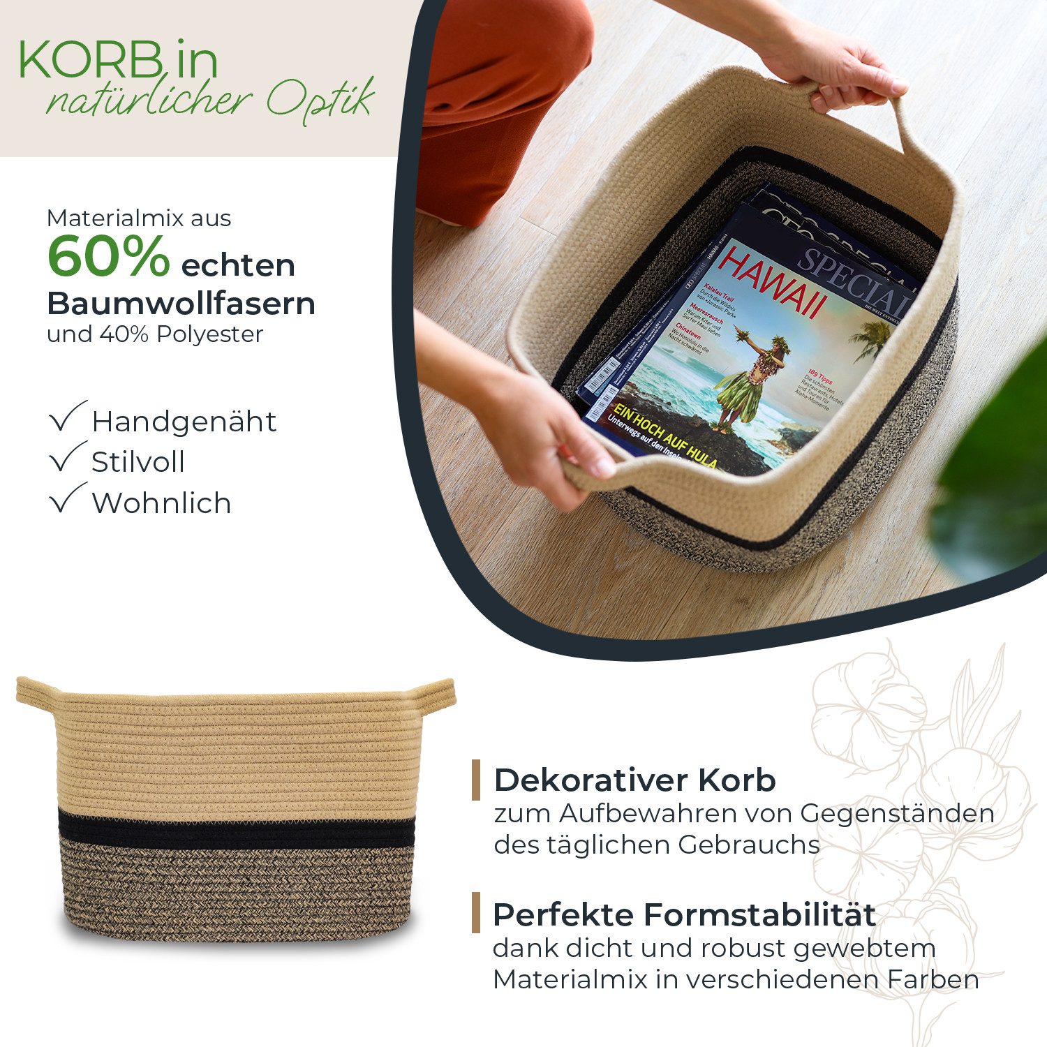 HMF Aufbewahrungskorb Aufbewahrungskorb mit verlängerten Griffen, Korb aus Baumwolle, 36 x 30 x 25 cm, Schwarz-Honig – Bild 2 von 5