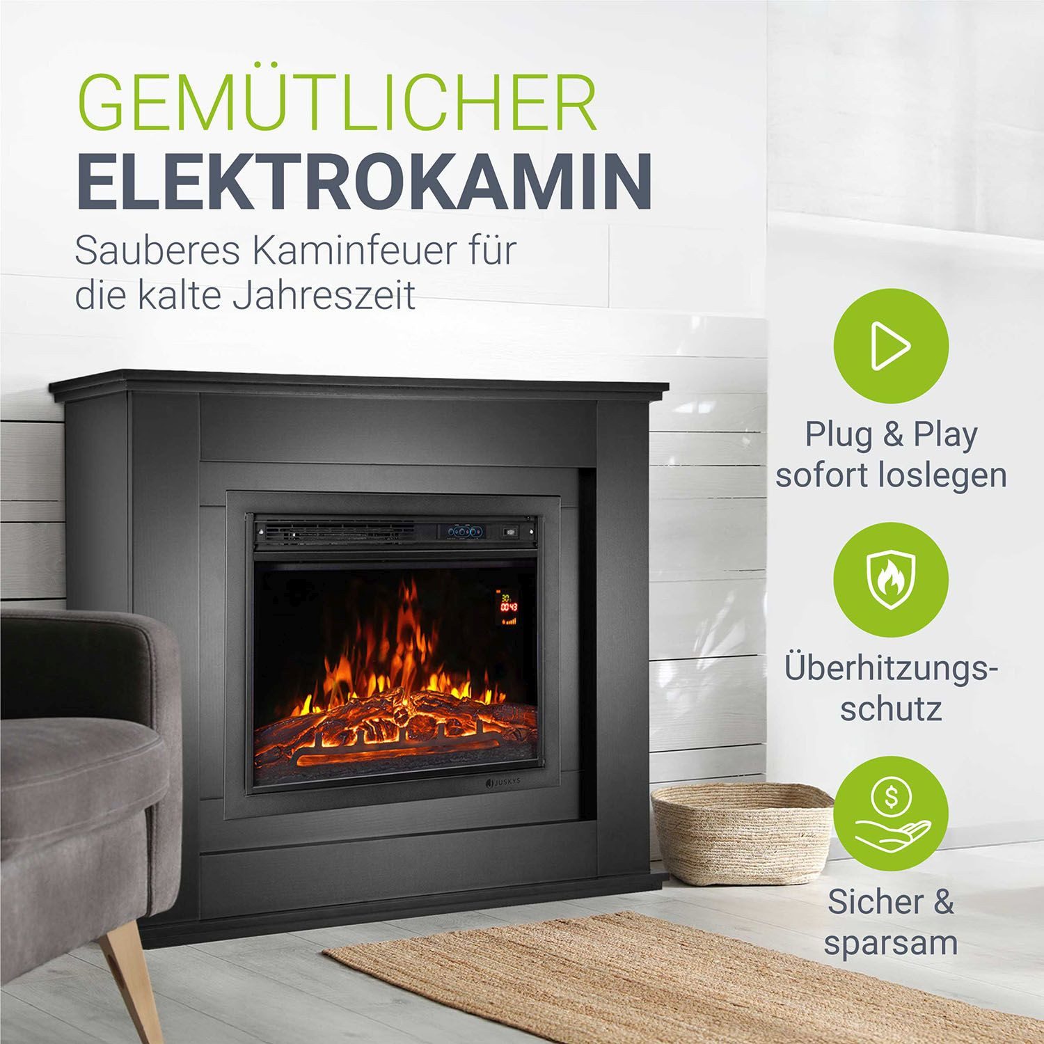 Juskys Elektrokamin, 2000 W Heizung, Flammeneffekt, Fernbedienung, LED-Lich günstig online kaufen