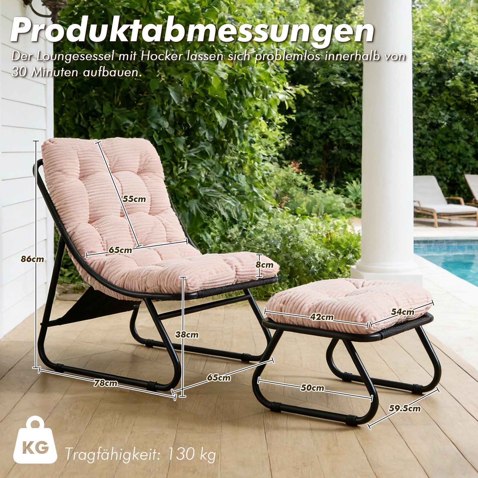 LVHOM Loungesessel mit Hocker, wasserdichtem Stahlrahmen, ergonomisch, für In-/Outdoor (Relaxsessel, bequeme Sitzfläche, Hocker als temporärer Sitz/Schuhwechselbank, rutschfestes Design, rostfreier Metallrahmen, Tragfähigkeit 130 kg), für Garten, Balkon, Wohnzimmer, Schlafzimmer, Arbeitszimmer, Innenhöfe